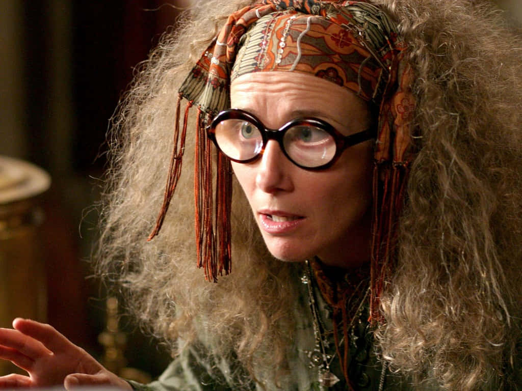 The Hogwarts Professors 桌布 壁紙 — 一位擁有狂野捲髮和華麗頭巾的女性戴著厚框眼鏡，在室內看起來很驚訝。