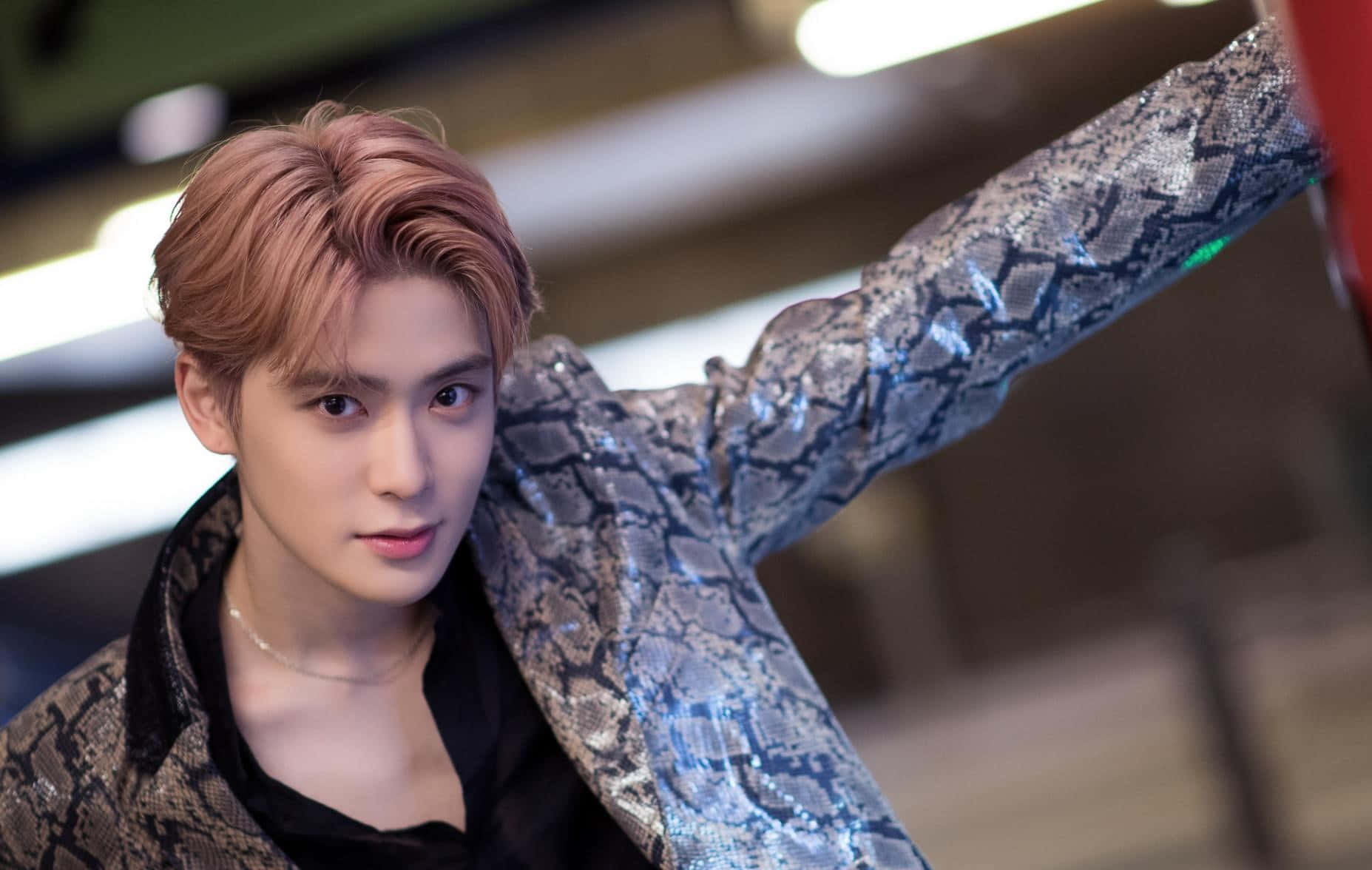 Nct 桌布 壁紙 — 一位擁有玫瑰金髮的年輕男子穿著閃亮的蛇皮外套，在明亮的燈光下自信地在室內擺姿勢。