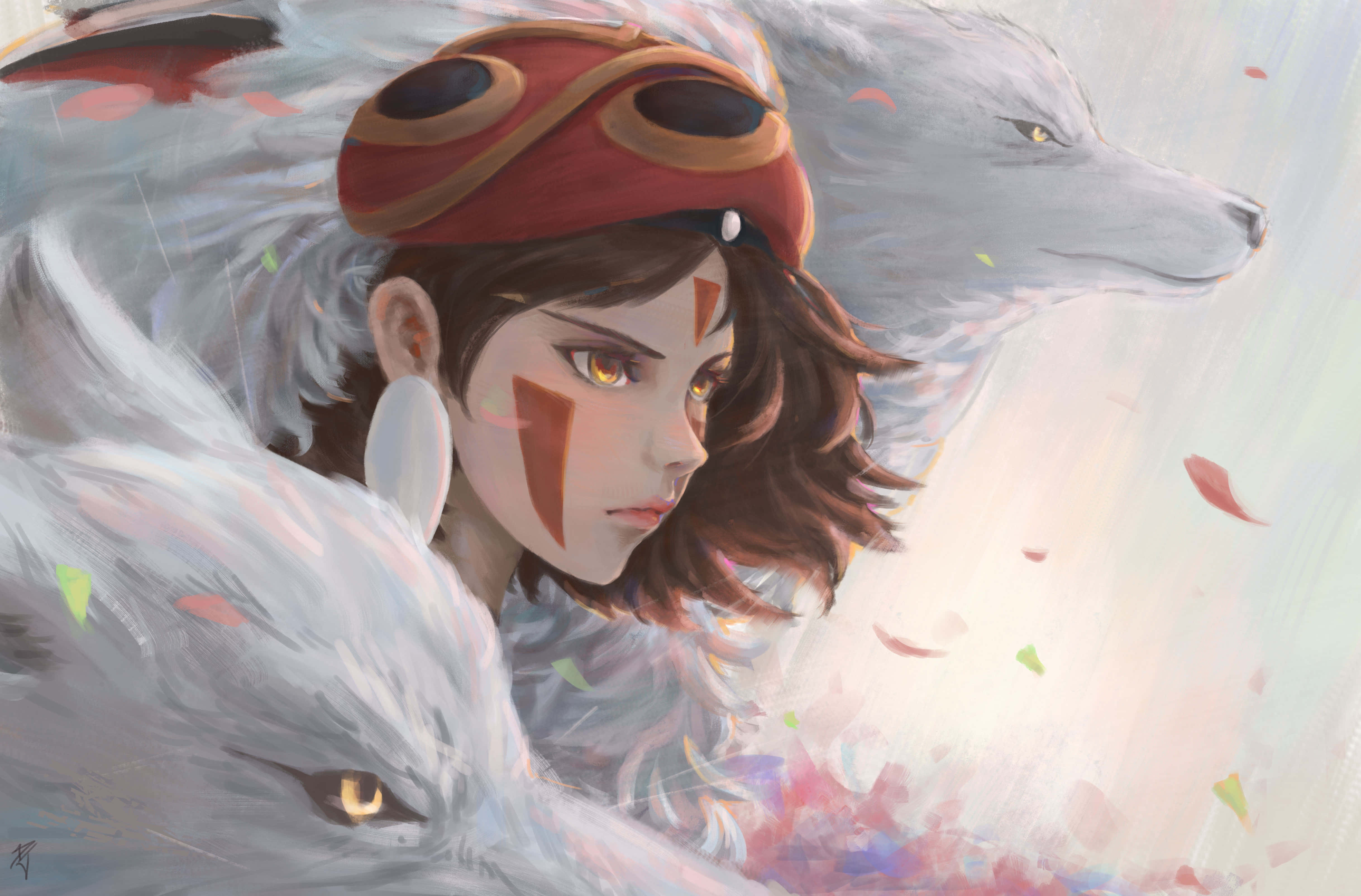 魔法公主 桌布 壁紙 — 一位擁有琥珀色眼睛和紅色護目鏡的年輕女孩，在飄浮的秋葉中被兩隻白狐擁抱。