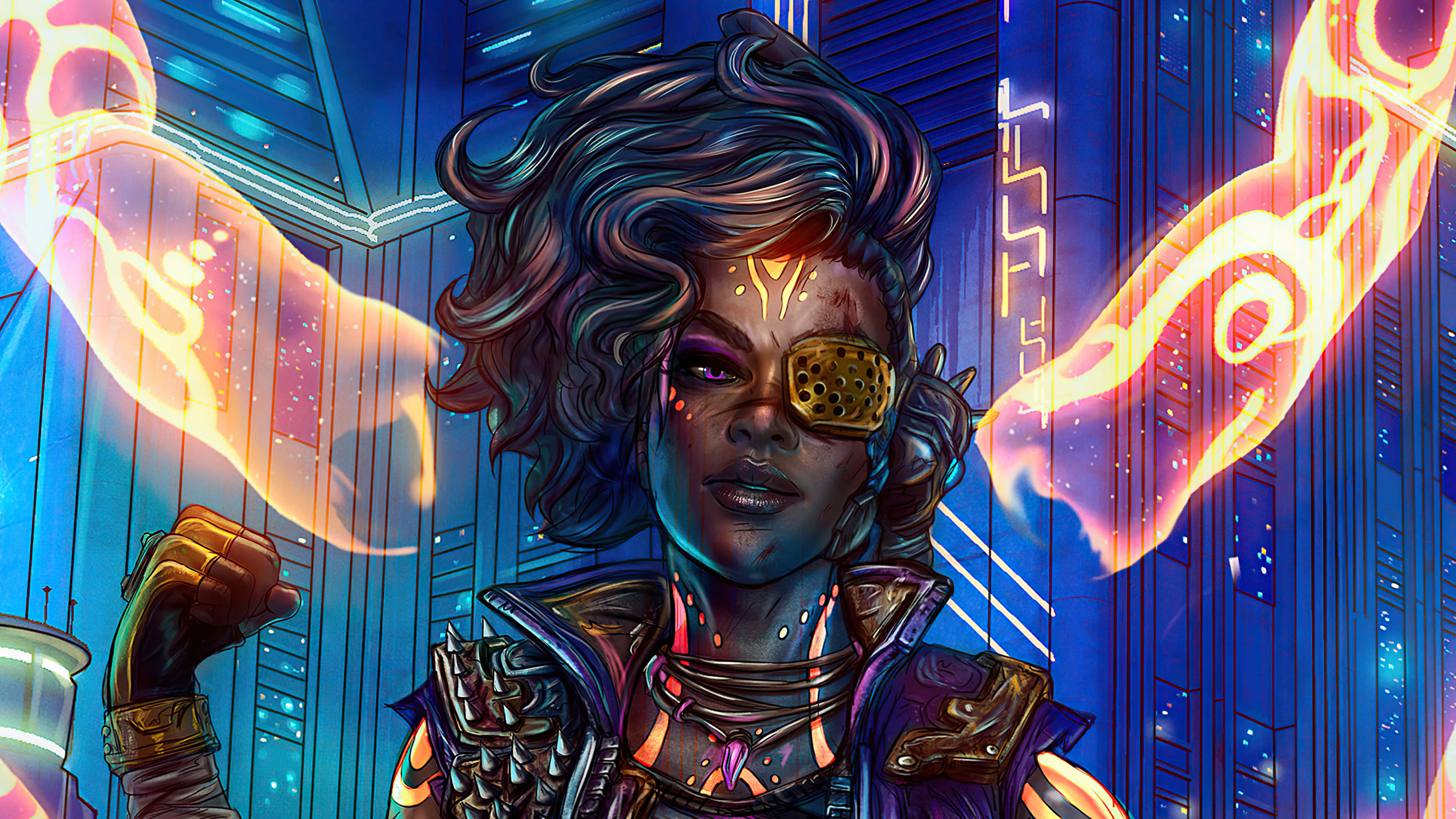 4K Borderlands 3 桌布 壁紙 — 一位擁有發光刺青和電子眼的賽博龐克女性，在霓虹燈閃爍的城市景觀中引導熾熱的能量。