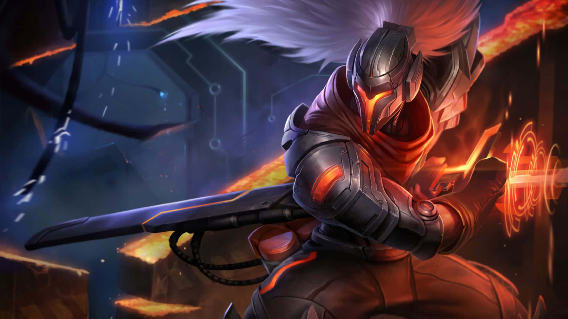 1920x1080 League Of Legends 桌布 壁紙 — 一位擁有發光橙色眼睛和白髮的機械戰士，在熾熱的能量和破碎的科技碎片中揮舞著未來主義的劍。