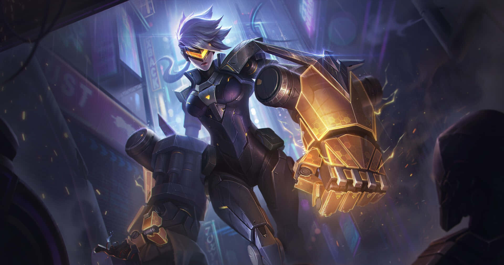 Best League Of Legends 桌布 壁紙 — 一位擁有發光橙色眼睛和金色裝甲拳頭的賽博龐克戰士，在霓虹燈照亮的城市後巷中挑釁地站立。