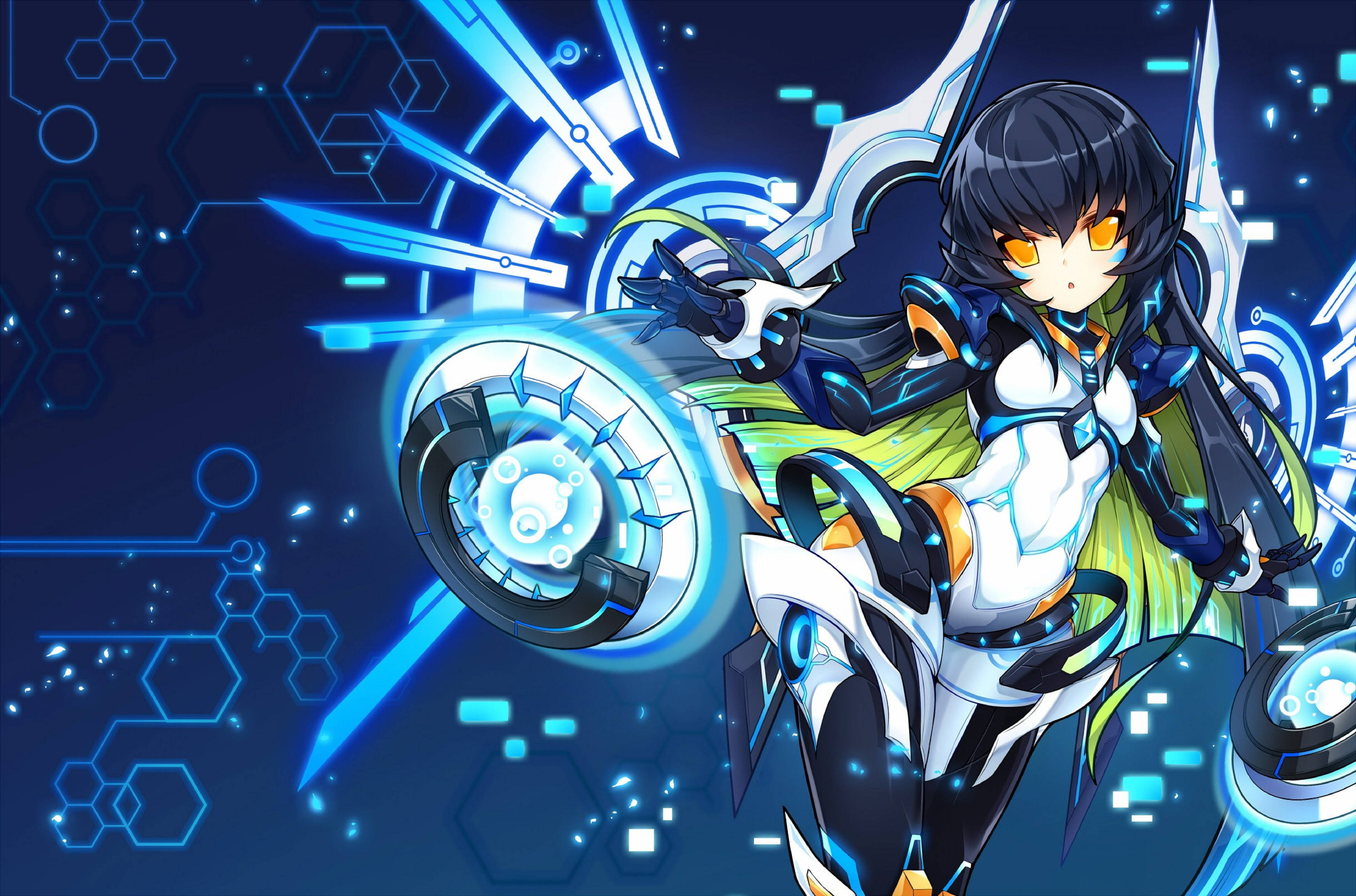 Elsword 桌布 壁紙 — 一位擁有發光橙色眼睛的賽博龐克動漫女孩，在數位六角網格背景下揮舞著未來主義的藍色能量武器。
