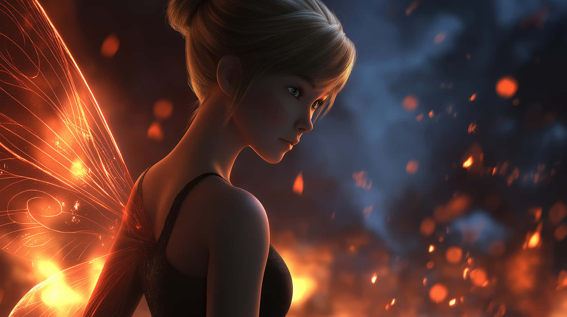 Close-up of Tinkerbell-like fairy with glowing wings, fire sparks 壁紙 — 一位擁有發光橙色翅膀和金髮的仙女，在熾熱的宇宙背景下沉思地凝視著。
