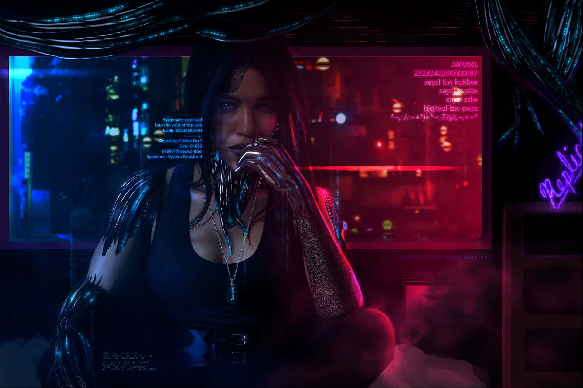 Dark Cyberpunk 桌布 壁紙 — 一位擁有發光機械手臂的賽博龐克女性坐在充滿霓虹燈的房間裡，周圍漂浮著全息屏幕和數字代碼。