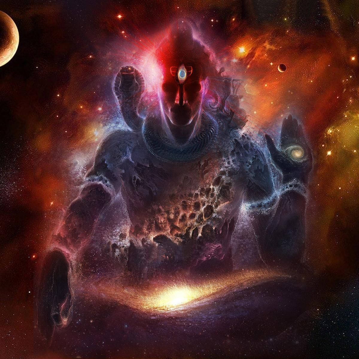 銀河 桌布 壁紙 — 一位擁有發光眼睛和伸出雙手的宇宙神祇從充滿恆星和行星的充滿活力的星雲中出現。