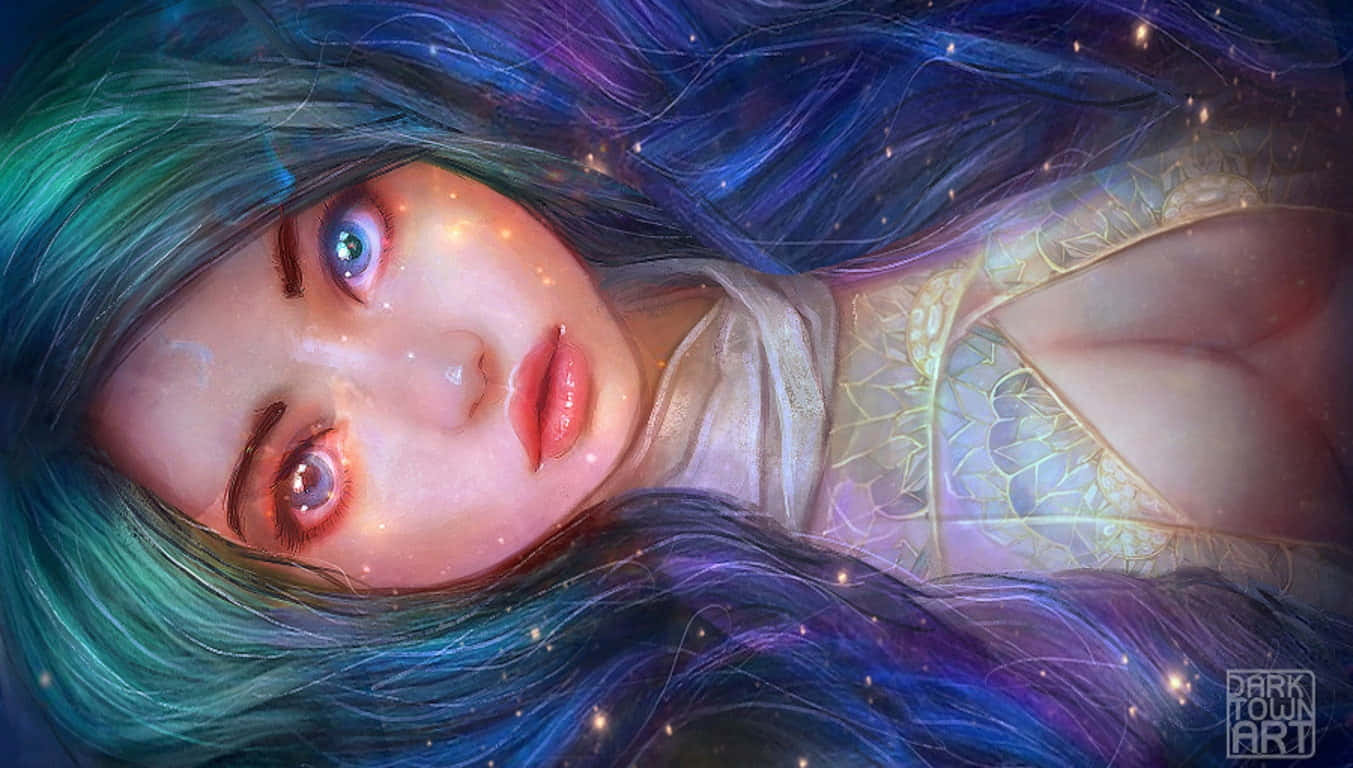 美人魚 桌布 壁紙 — 一位擁有發光眼睛和宇宙髮絲的天界女子，穿著閃耀長裙，在繁星點點的星雲中飄浮。