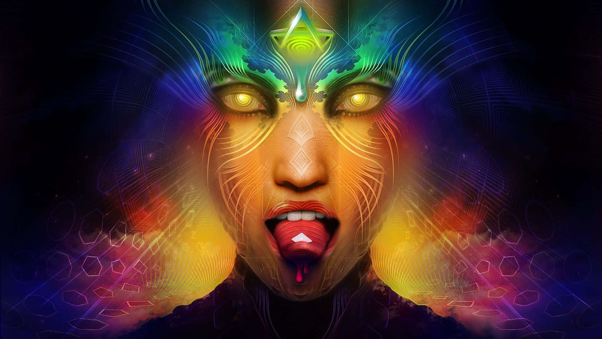 Trippy Space 桌布 壁紙 — 一位擁有發光眼睛和散發鮮豔宇宙色彩的放射狀幾何皇冠的女性的超現實數位肖像。