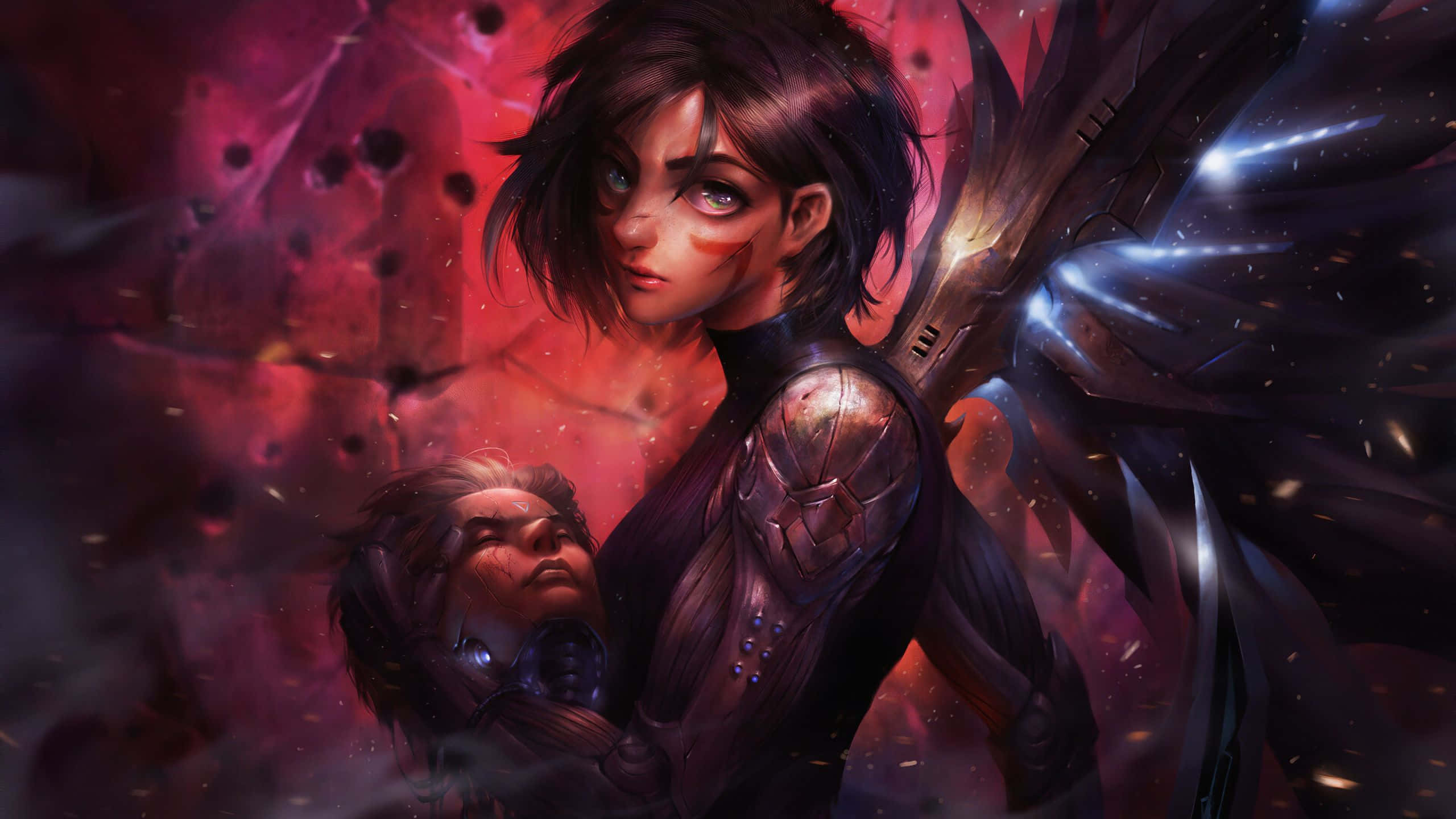 Alita Battle Angel 桌布 壁紙 — 一位擁有發光眼睛和機械翅膀的女戰士，在宇宙紅色和紫色星雲背景下懷抱著倒下的戰友。