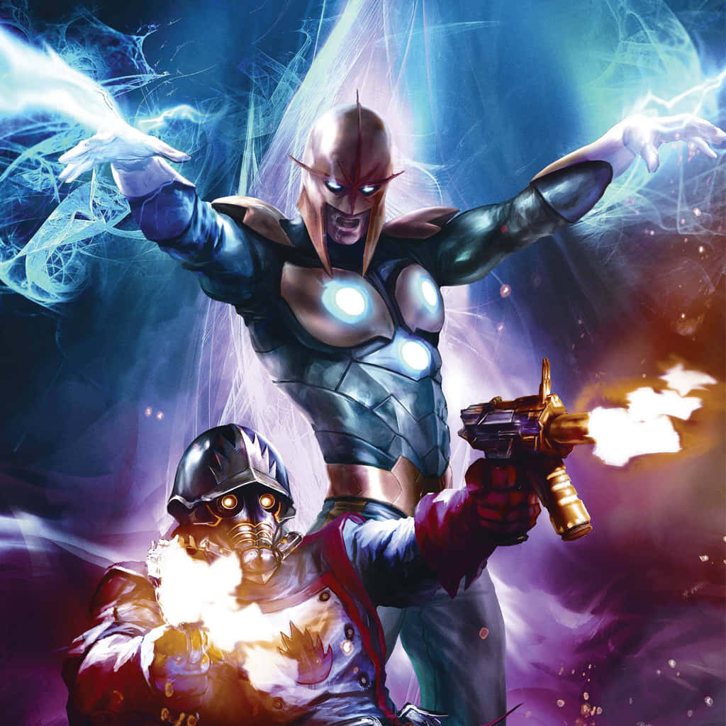 Nova Corps 桌布 壁紙 — 一位擁有發光眼睛和能量爆炸的宇宙超級英雄站在一個戴面具的戰士上方，戰士在充滿活力的星雲中發射冒煙的槍。