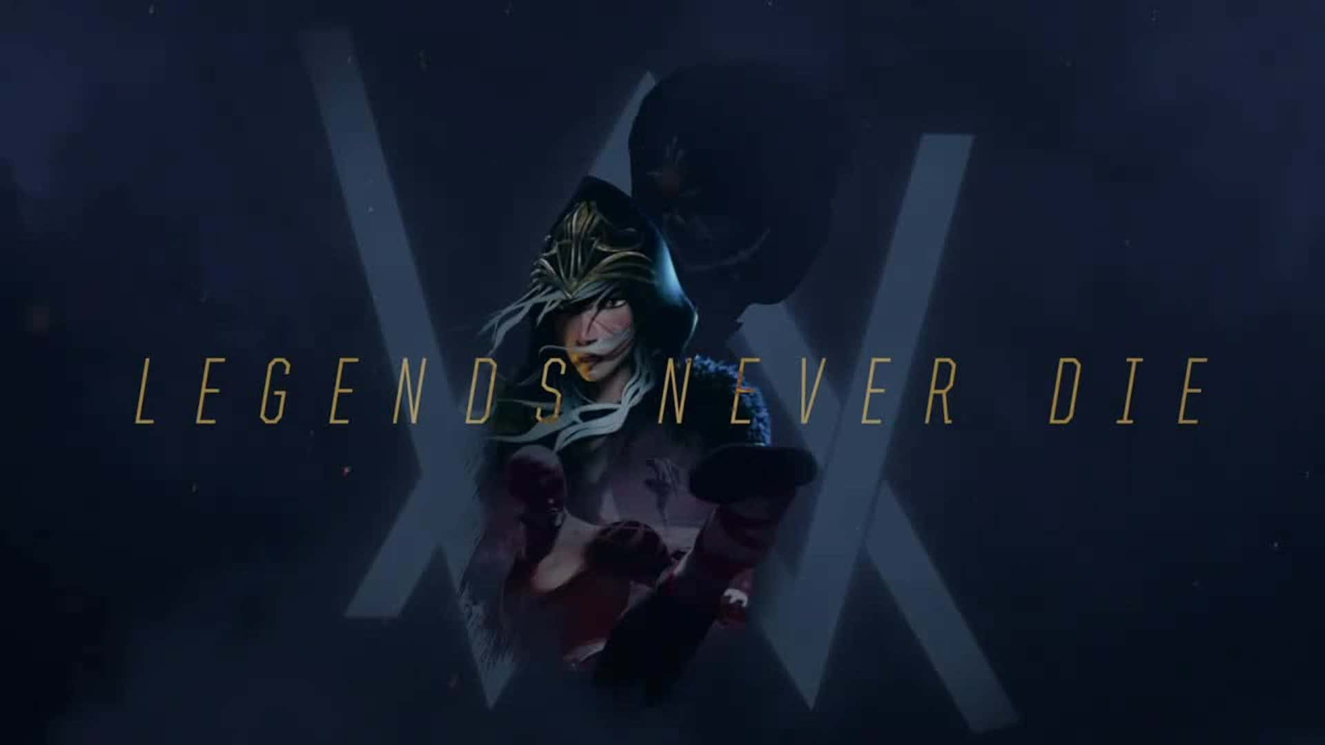 Legends Never Die 桌布 壁紙 — 一位擁有發光眼睛和華麗盔甲的黑暗奇幻戰士，在陰影背景前挑釁地站立，金色發光的文字「LEGENDS NEVER DIE」。