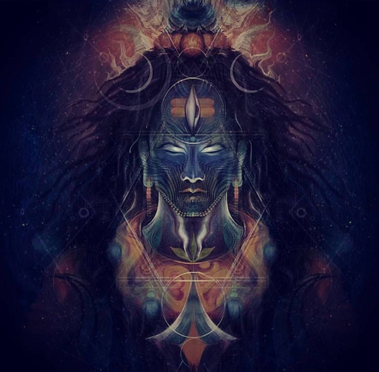 神 桌布 壁紙 — 一位擁有發光眼睛和複雜幾何圖案的宇宙神祇，在繁星點點的黑暗背景中散發著神聖能量。