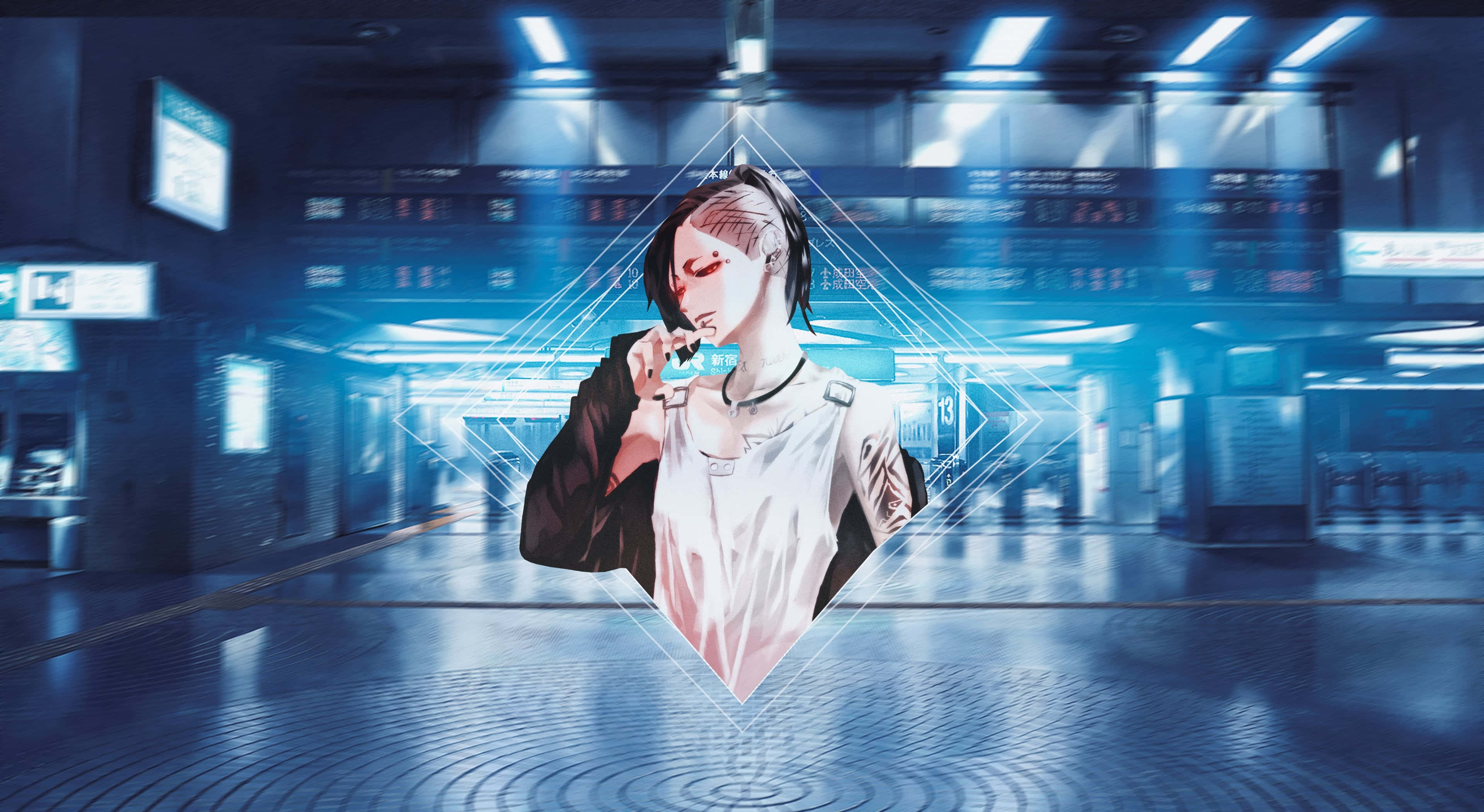Tokyo Ghoul Uta 桌布 壁紙 — 一位擁有發光眼睛和鑽石框架的賽博龐克動漫女孩站在霓虹燈照亮的未來主義地鐵站中。