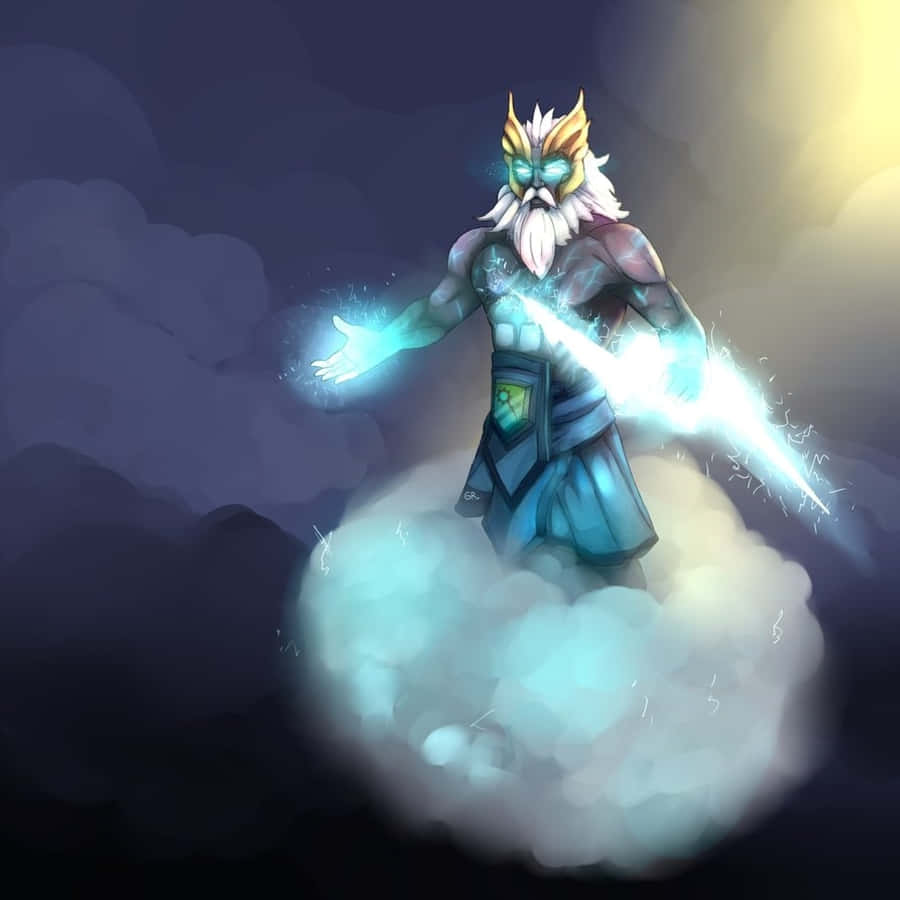 Dota 2 Zeus 桌布 壁紙 — 一位擁有發光眼睛和閃電力量的威嚴神祇，站在雲端之上，背景是黑暗的天空。