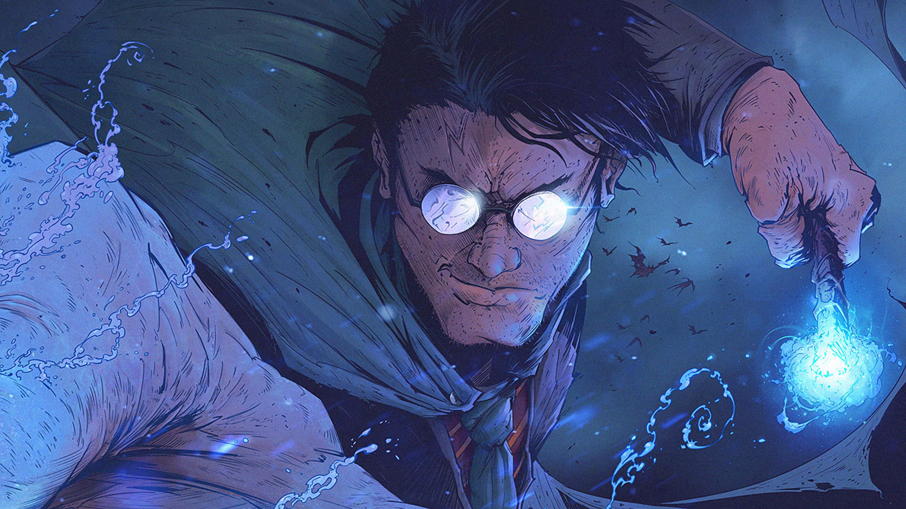 Harry Potter 4K 桌布 壁紙 — 一位擁有發光眼睛和飄逸斗篷的巫師，在旋轉的魔法能量環繞下施展明亮的藍色法術。