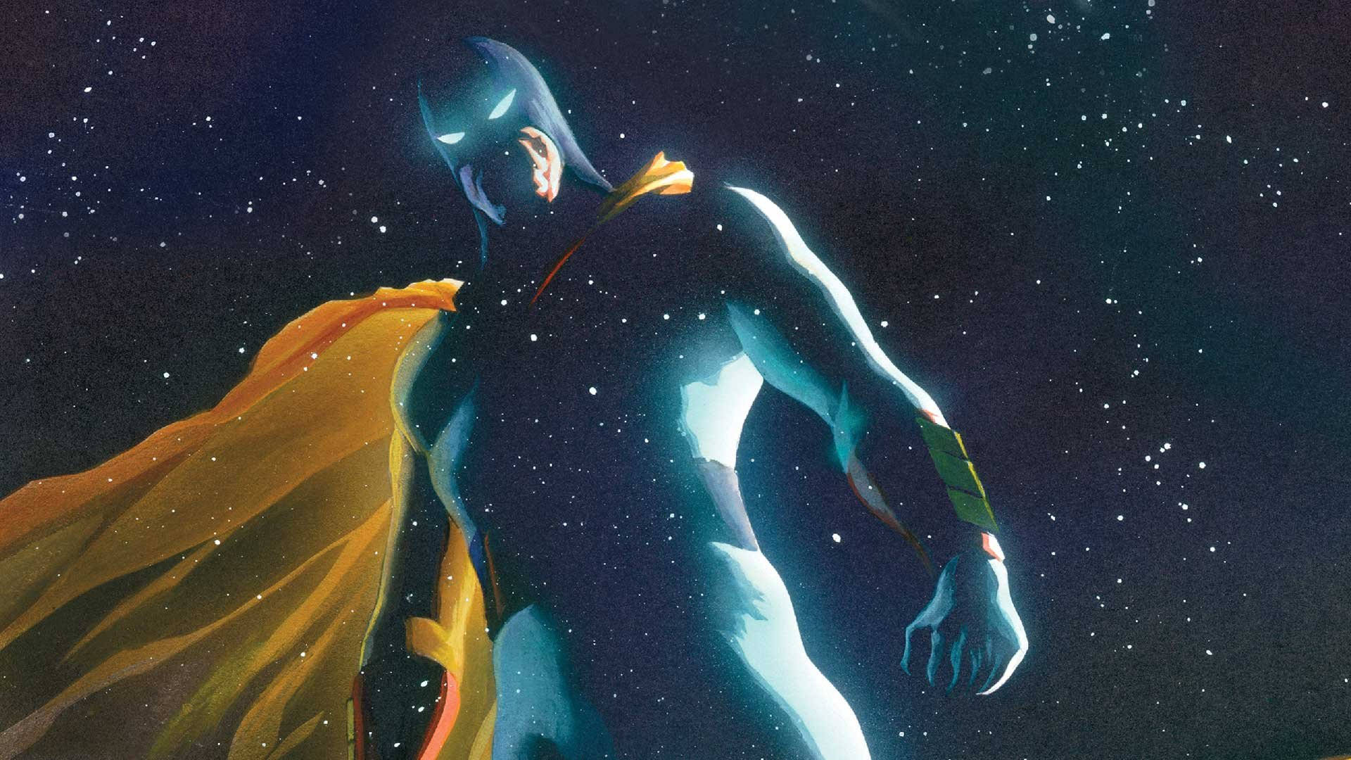 Space Ghost 桌布 壁紙 — 一位擁有發光眼睛和飄逸橙色斗篷的超級英雄，英勇地站在星光宇宙背景前。