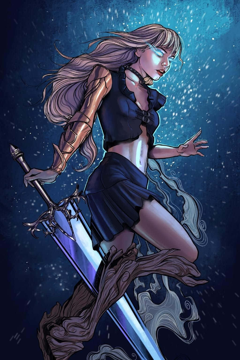 New Mutants 桌布 壁紙 — 一位擁有發光眼睛和飄逸長髮的奇幻女戰士，在繁星點點的夜空下揮舞著發光的劍，雪花飄落。