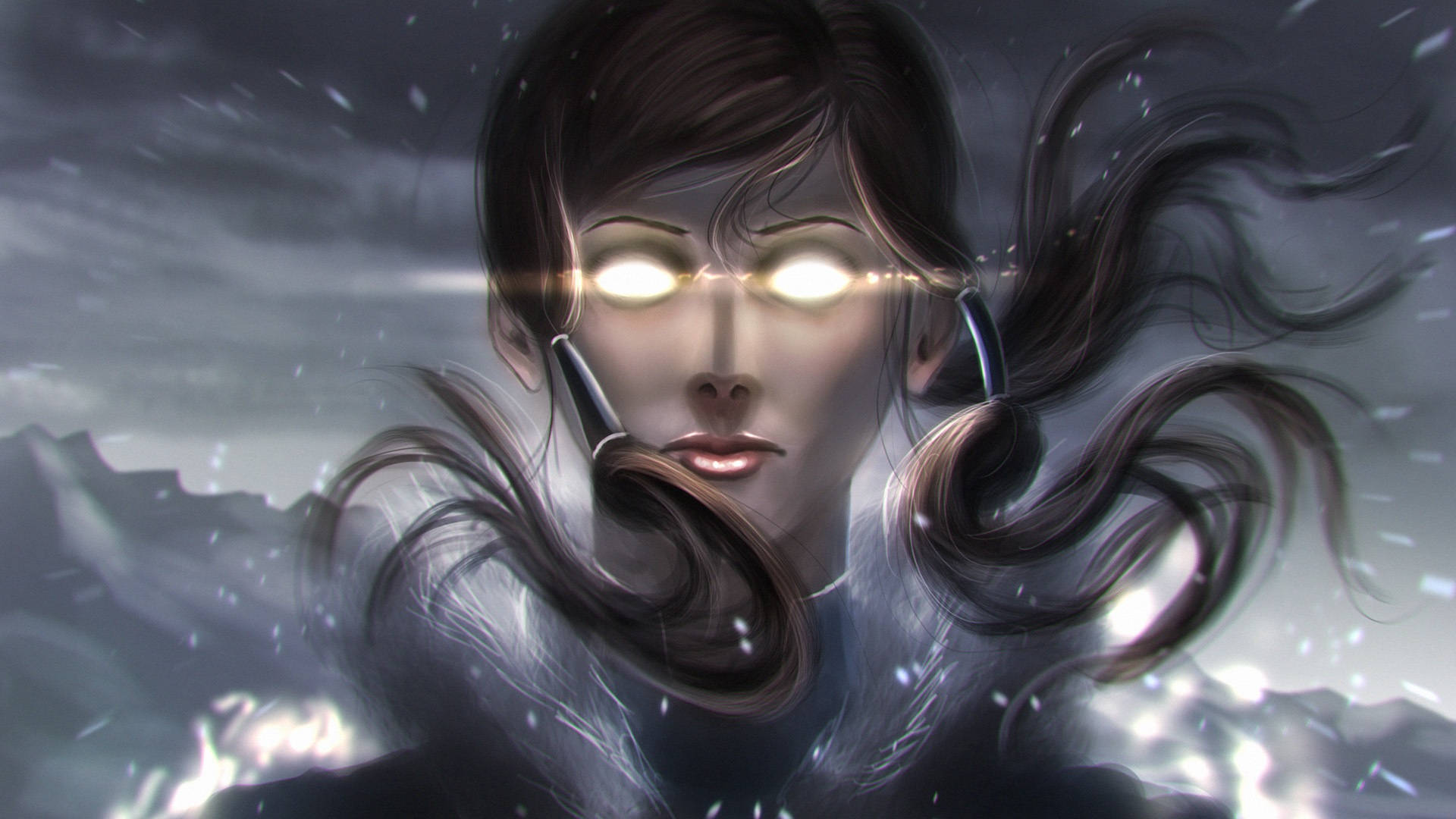 Korra 桌布 壁紙 — 一位擁有發光眼睛和飄逸黑髮的女性，站在風暴山脈背景下，雪花在她周圍旋轉。