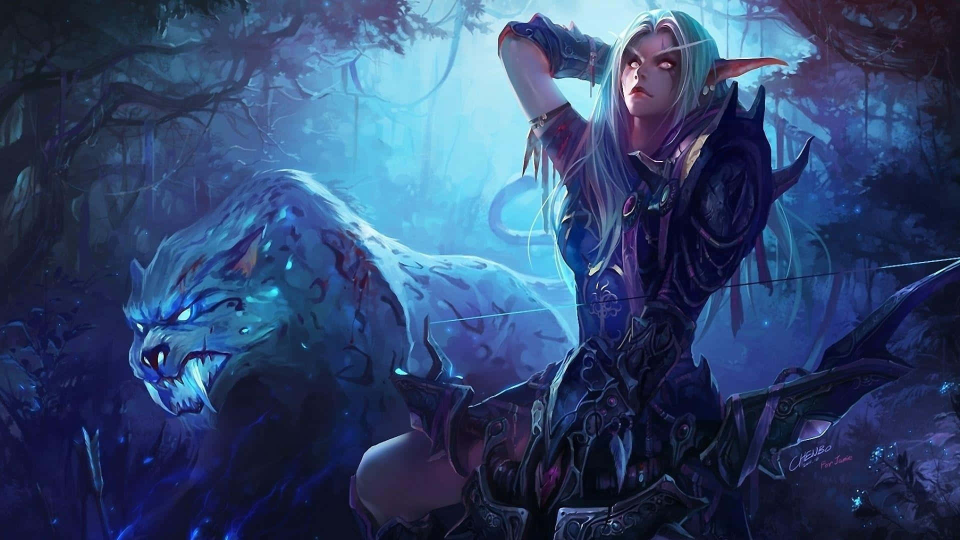 Hearthstone 桌布 壁紙 — 一位擁有發光眼睛的奇幻精靈弓箭手和一隻幽靈狼站在迷霧籠罩的月光森林中。