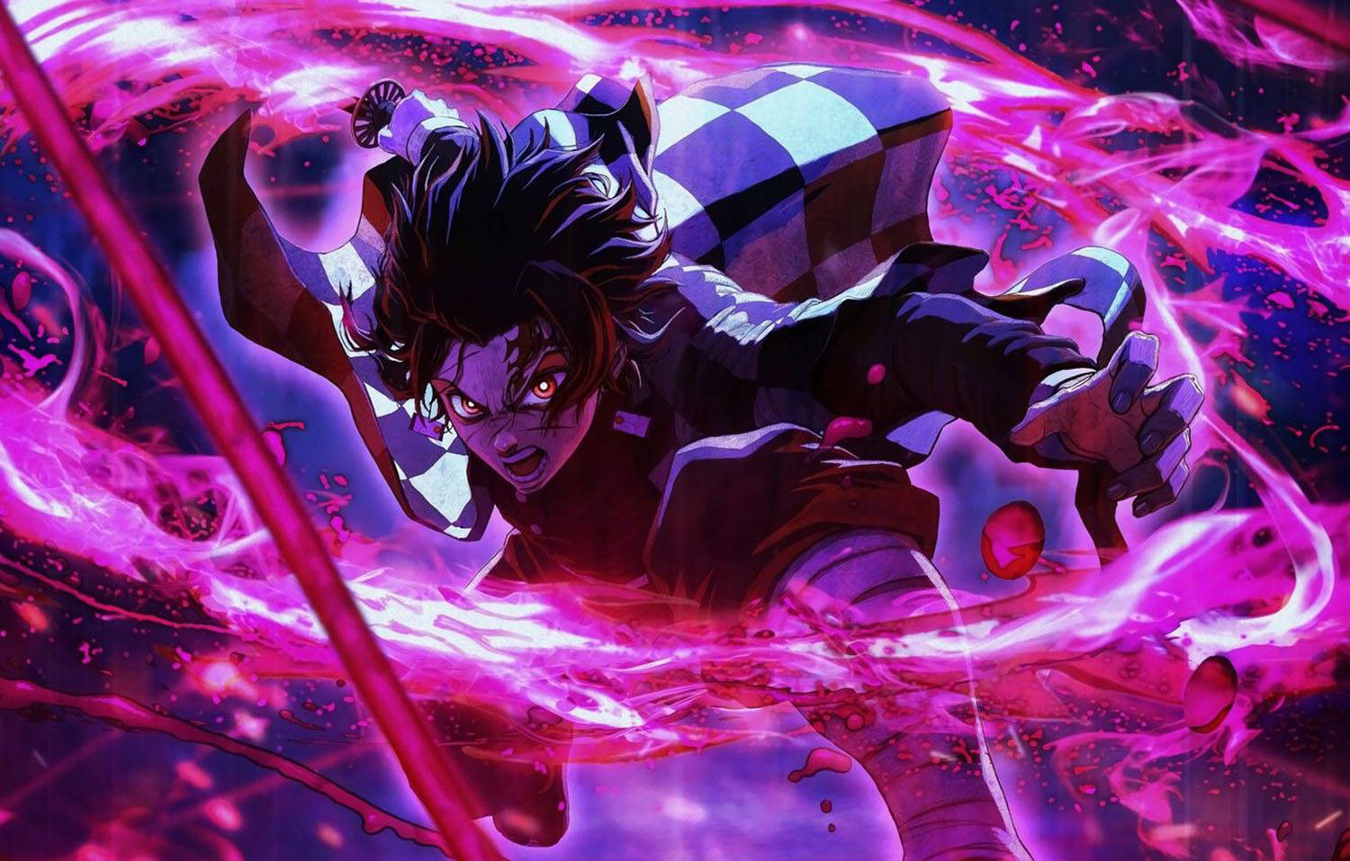 tanjiro pfp 桌布 壁紙 — 一位擁有發光紅眼和方格盔甲的動漫戰士，在動態戰鬥姿勢中劈開旋轉的粉紅色能量。