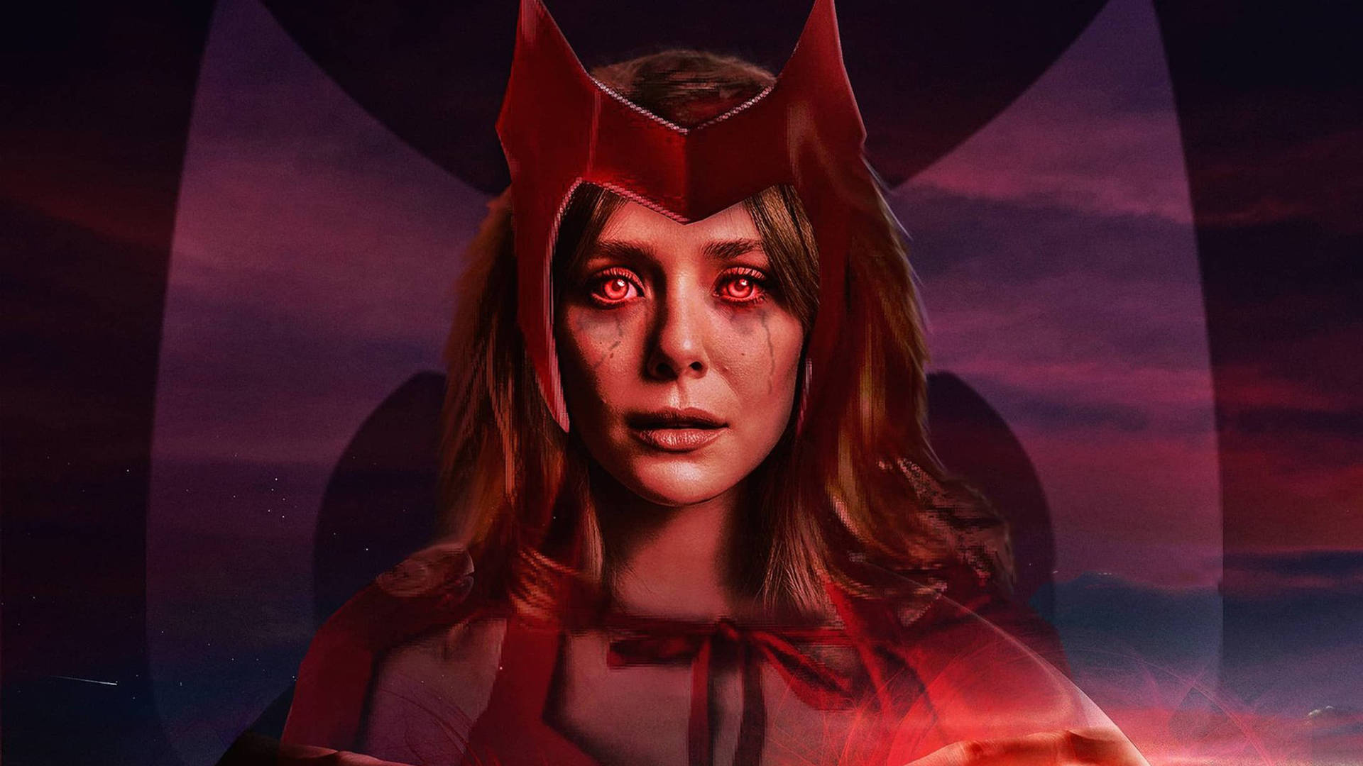 Wanda 桌布 壁紙 — 一位擁有發光紅眼和紅色角頭盔的女性站在帶有能量效果的深紫色宇宙背景前。