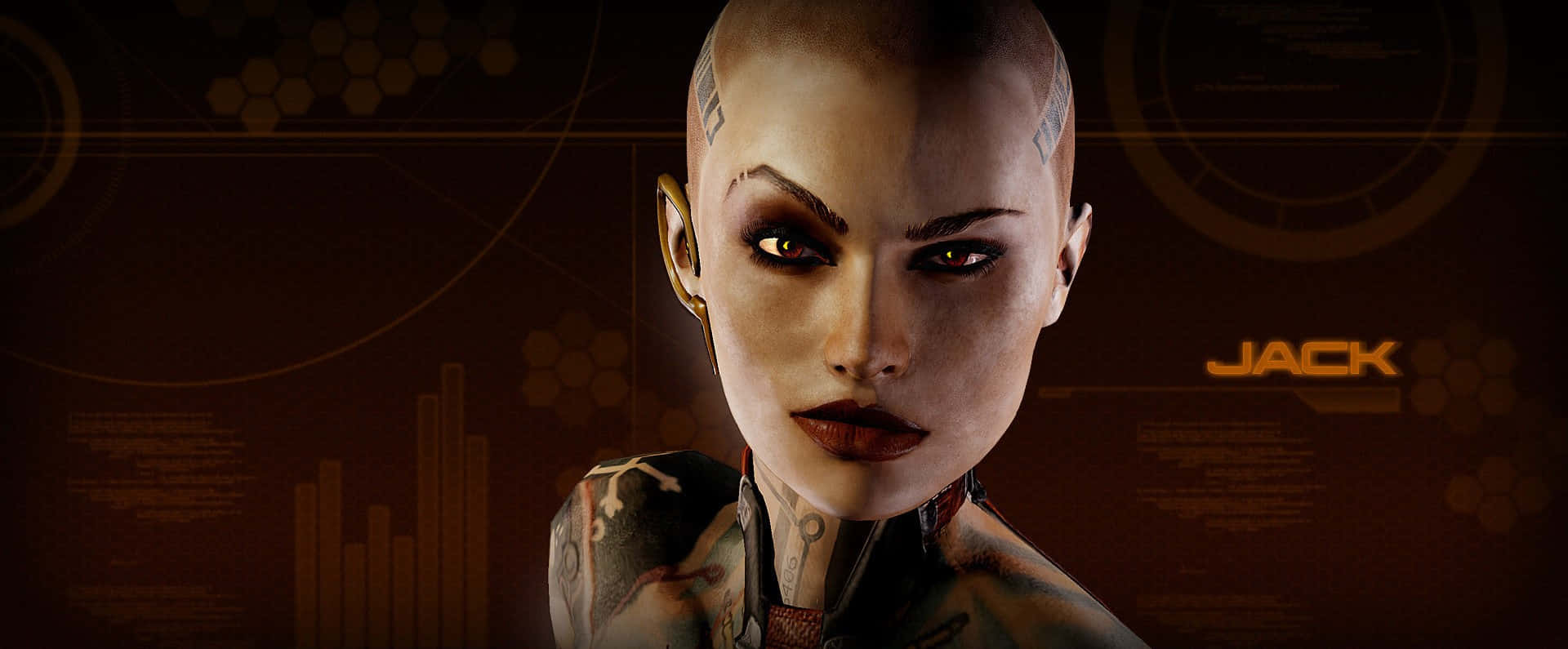 Mass Effect Jack 桌布 壁紙 — 一位擁有發光紅眼和紋身的機械化女性，在黑暗科技介面背景前凝視著。