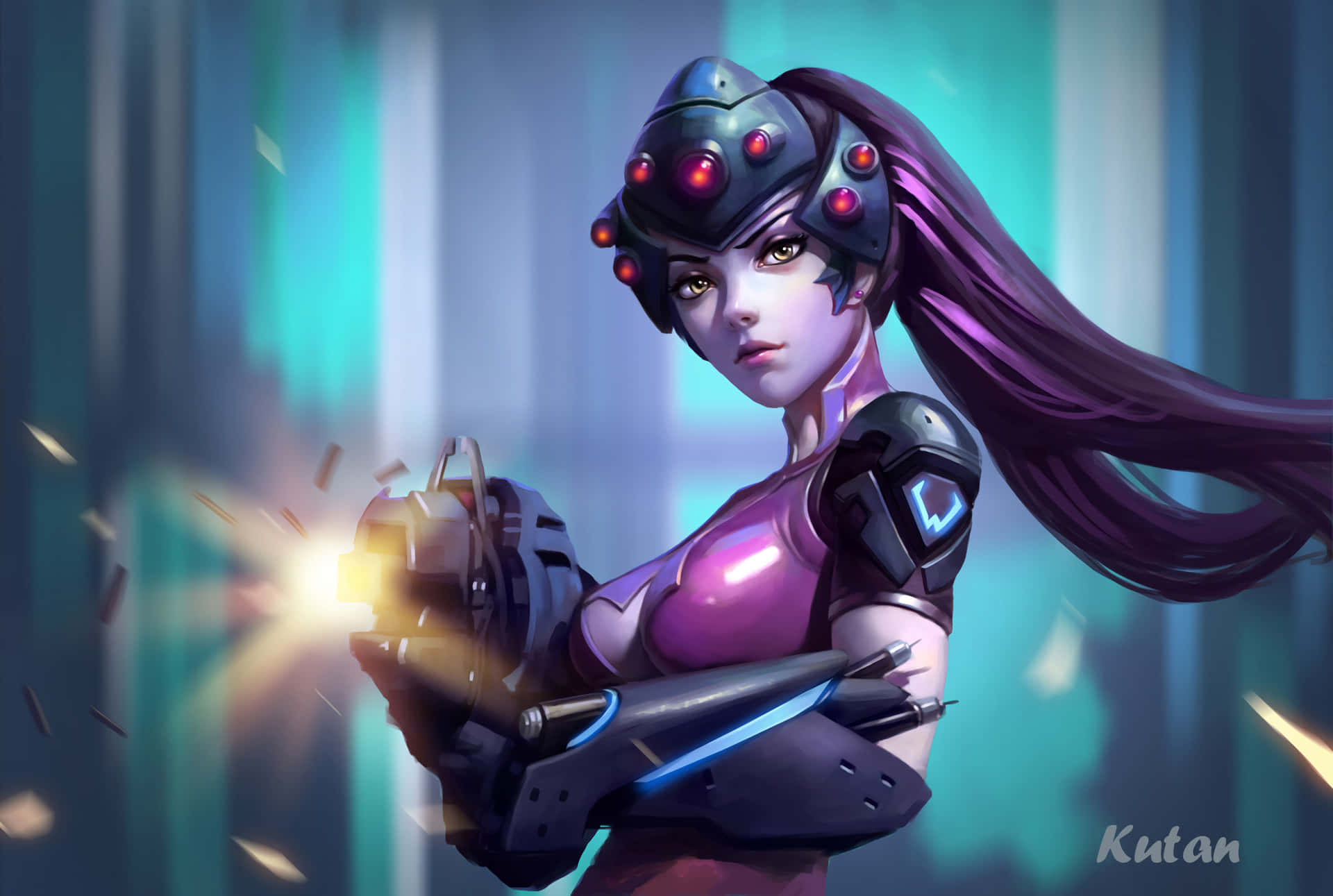 HD Overwatch 桌布 壁紙 — 一位擁有發光紅眼和紫色頭髮的賽博龐克女戰士在霓虹燈照亮的城市小巷中開火。