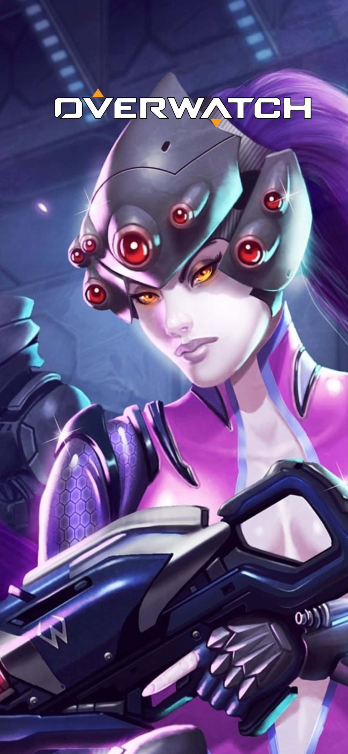 iPhone X Overwatch 桌布 壁紙 — 一位擁有發光紅眼和紫色頭髮的賽博龐克女戰士，在霓虹燈科幻場景中揮舞著未來武器。