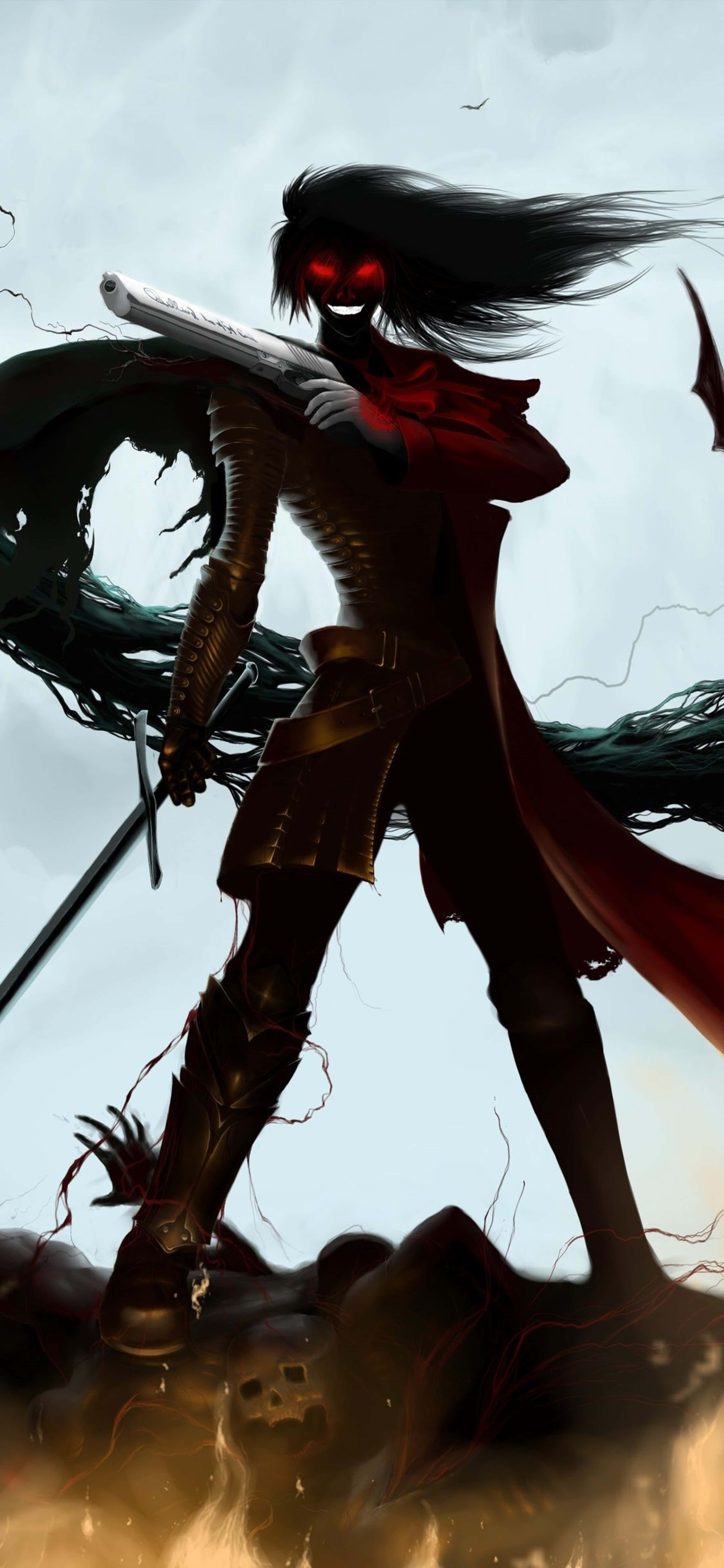 Hellsing Ultimate 4K 桌布 壁紙 — 一位擁有發光紅眼和飄逸黑髮的黑暗奇幻戰士，在旋轉的陰影和頭骨中揮舞著霰彈槍。