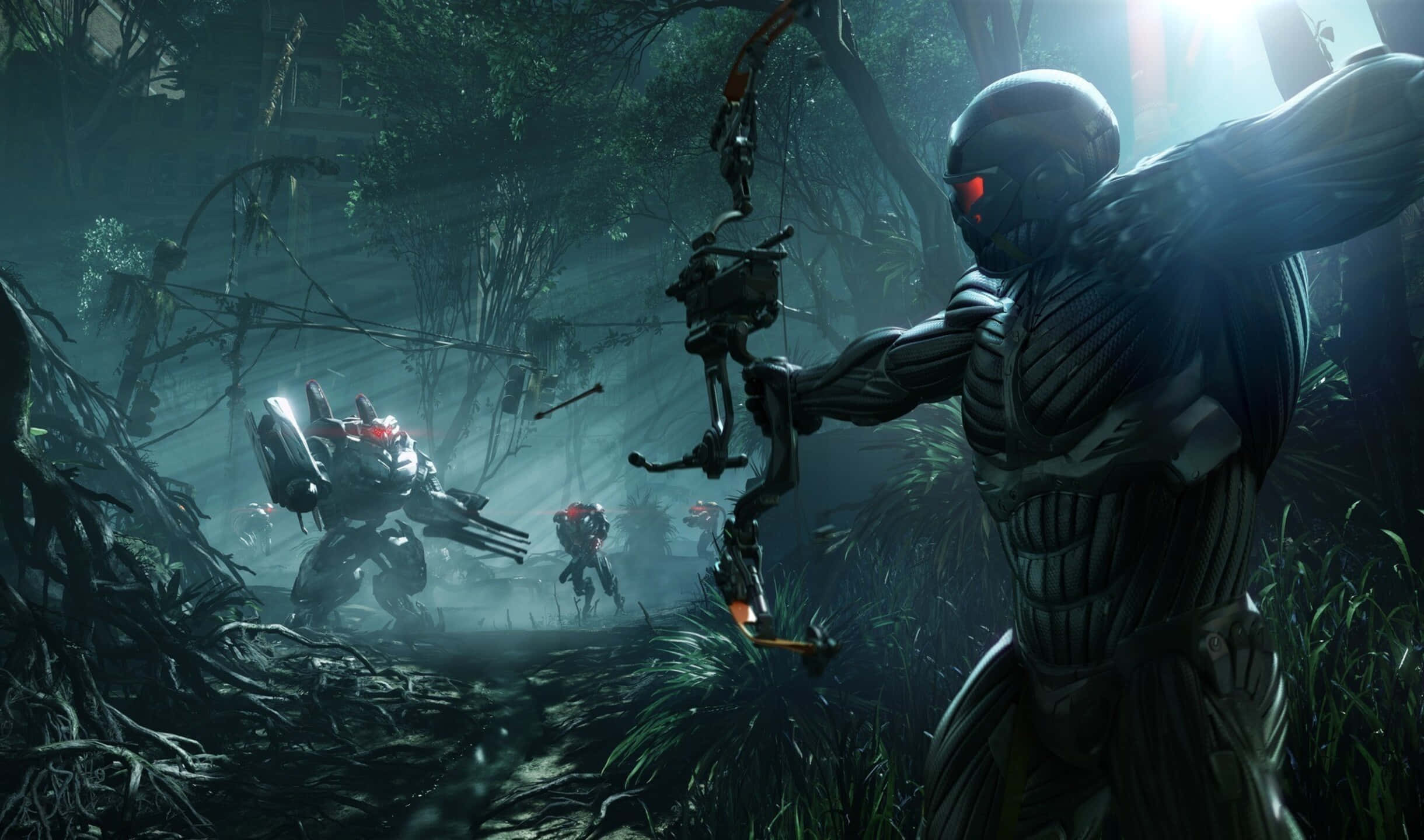 2440x1440 Crysis 3 桌布 壁紙 — 一位擁有發光紅眼的未來戰士在迷霧叢林中拉弓，機械敵人在灌木叢中前進。