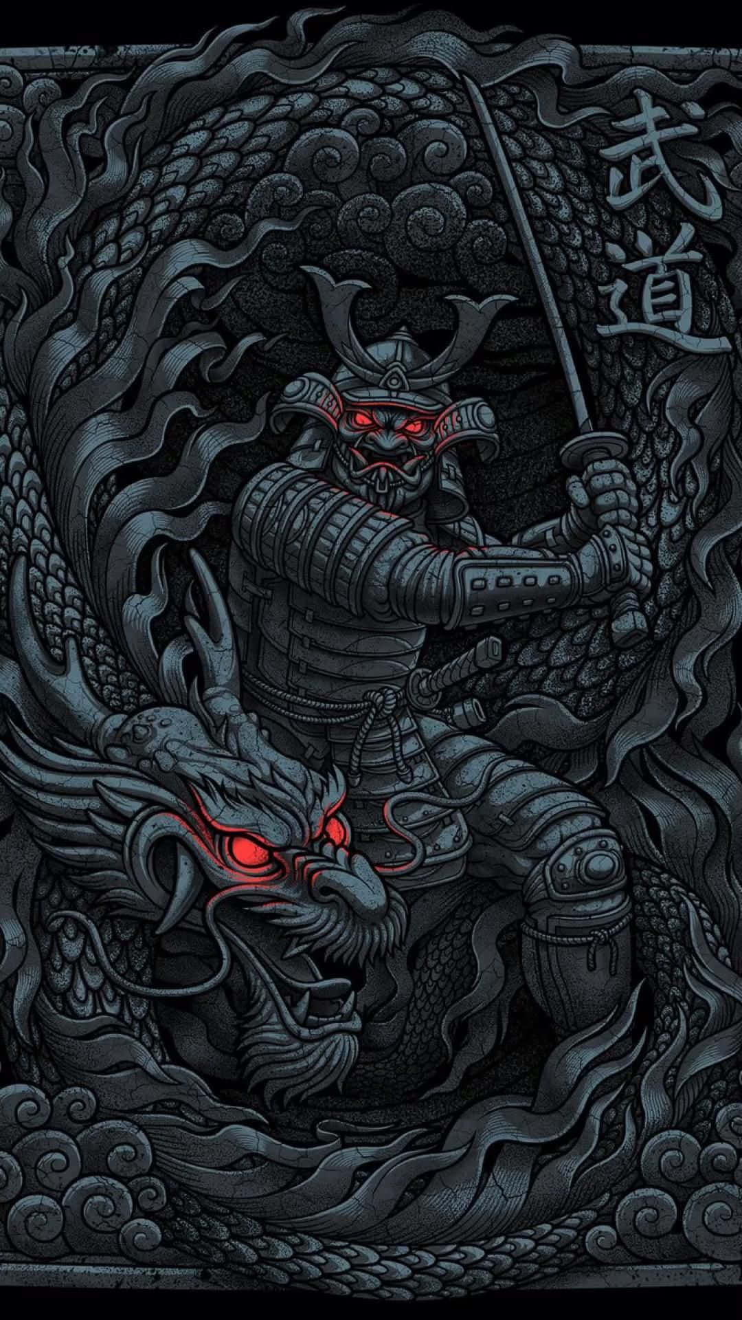龍 桌布 壁紙 — 一位擁有發光紅眼的武士戰士，在複雜的深灰色線條畫中與纏繞的龍戰鬥，並帶有日本漢字。