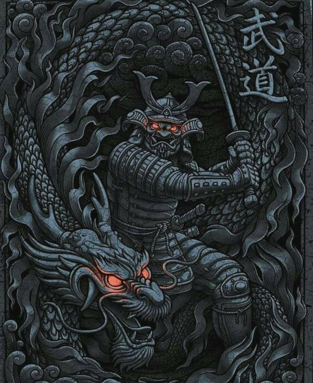 日本武士 桌布 壁紙 — 一位擁有發光紅眼的武士戰士挑釁地站在一條同樣擁有發光紅眼的盤繞龍之上，兩者都被旋轉的烏雲包圍。