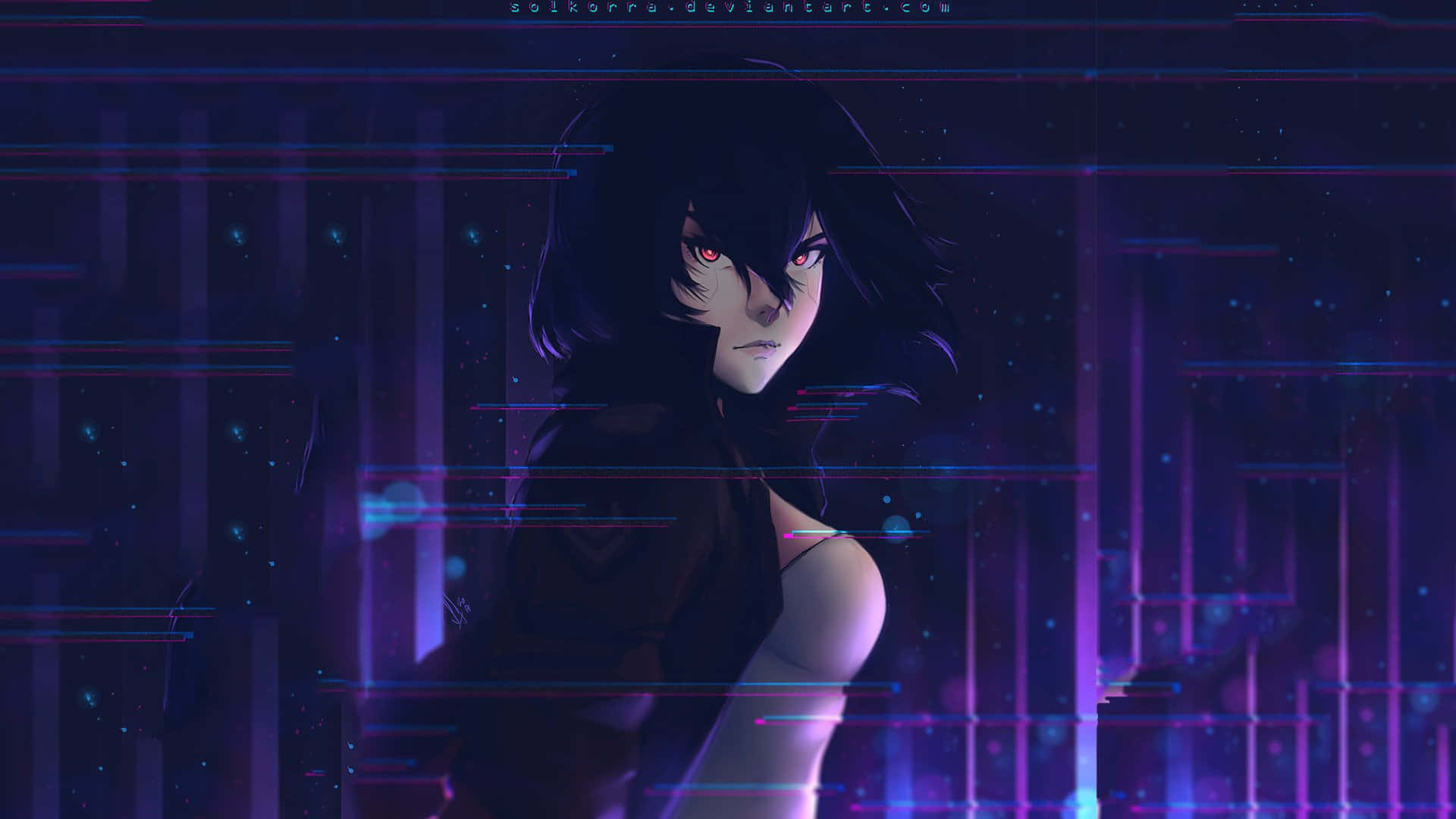 Motoko Kusanagi 桌布 壁紙 — 一位擁有發光紅眼的賽博龐克動漫女孩，站在充滿數位故障效果的霓虹燈未來城市景觀中。