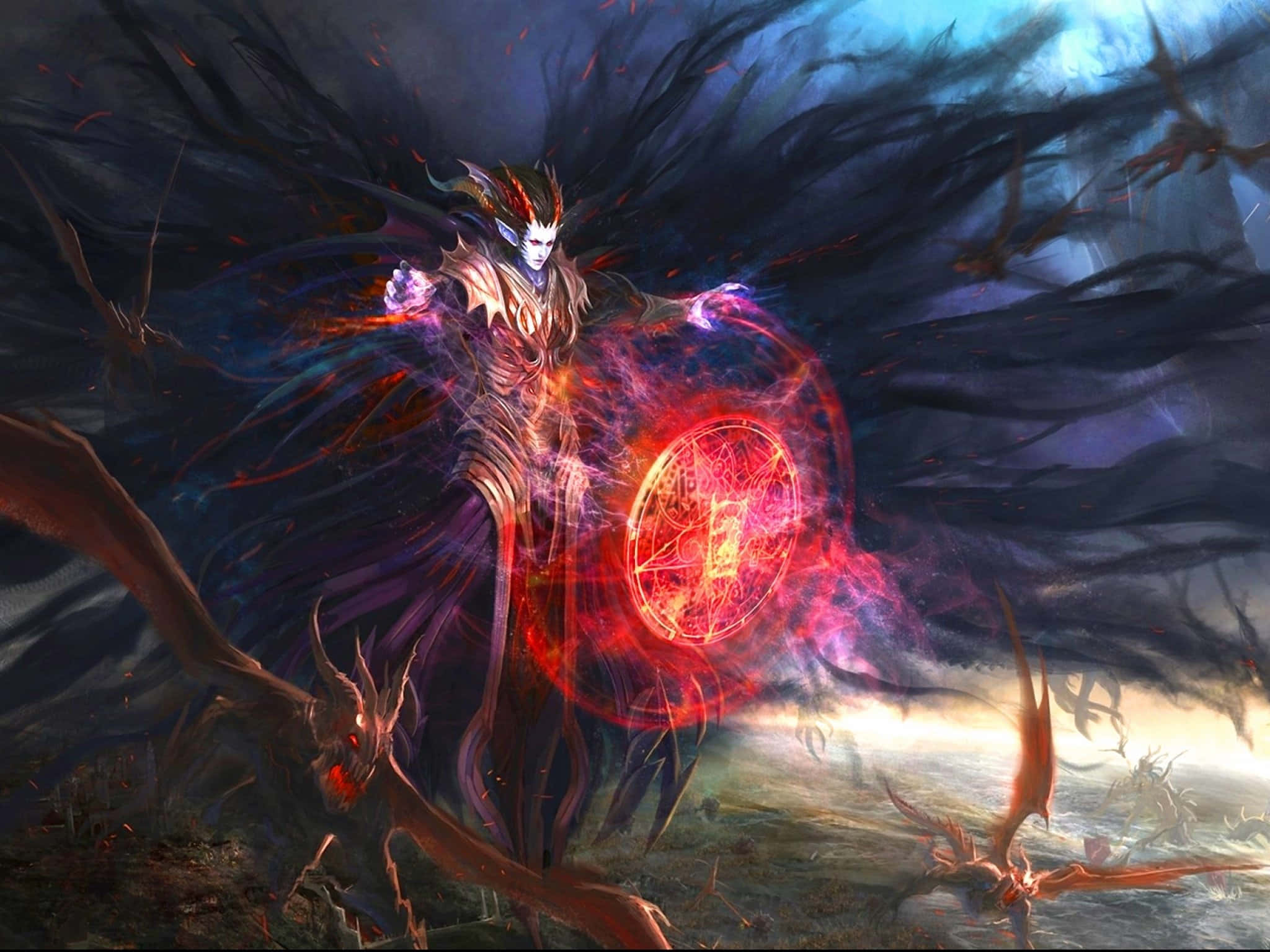Sorcerer 桌布 壁紙 — 一位擁有發光紅色魔法和惡魔翅膀的黑暗奇幻戰士，站在旋轉的陰影和熾熱能量之中。