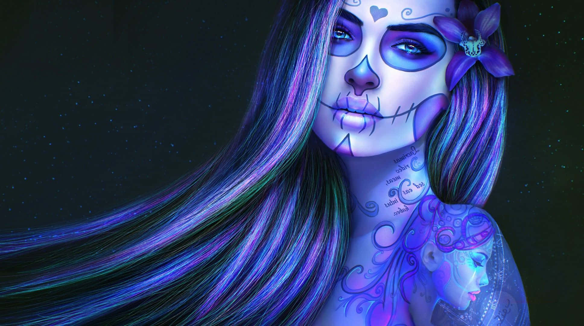 Day Of The Dead 桌布 壁紙 — 一位擁有發光紫色和藍色頭髮及糖骷髏妝容的女性，在星空夜空下溫柔凝視。
