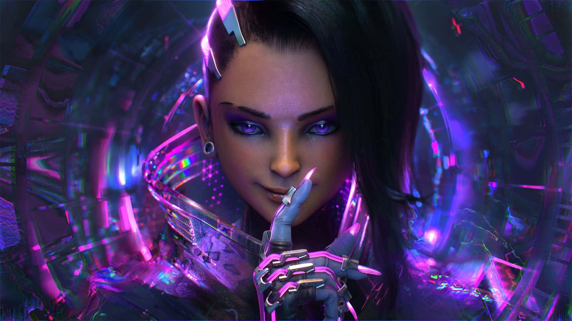 Sombra Overwatch 桌布 壁紙 — 一位擁有發光紫色眼睛和機械手的賽博龐克女性，在霓虹燈隧道中手持發光刀刃。