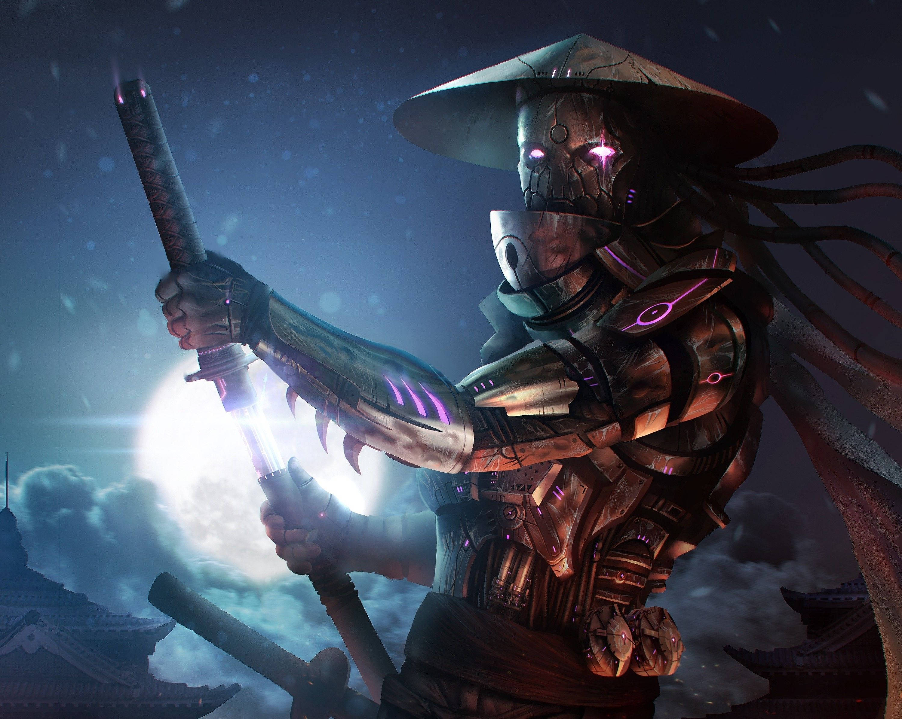 full moon 桌布 壁紙 — 一位擁有發光紫色眼睛和盔甲的機械忍者戰士，在滿月下於雪夜天空中揮舞武士刀。
