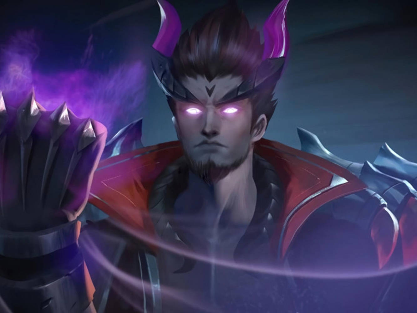 heroes 桌布 壁紙 — 一位擁有發光紫色眼睛和角的黑暗奇幻戰士，在陰暗的數位藝術場景中引導神秘能量。