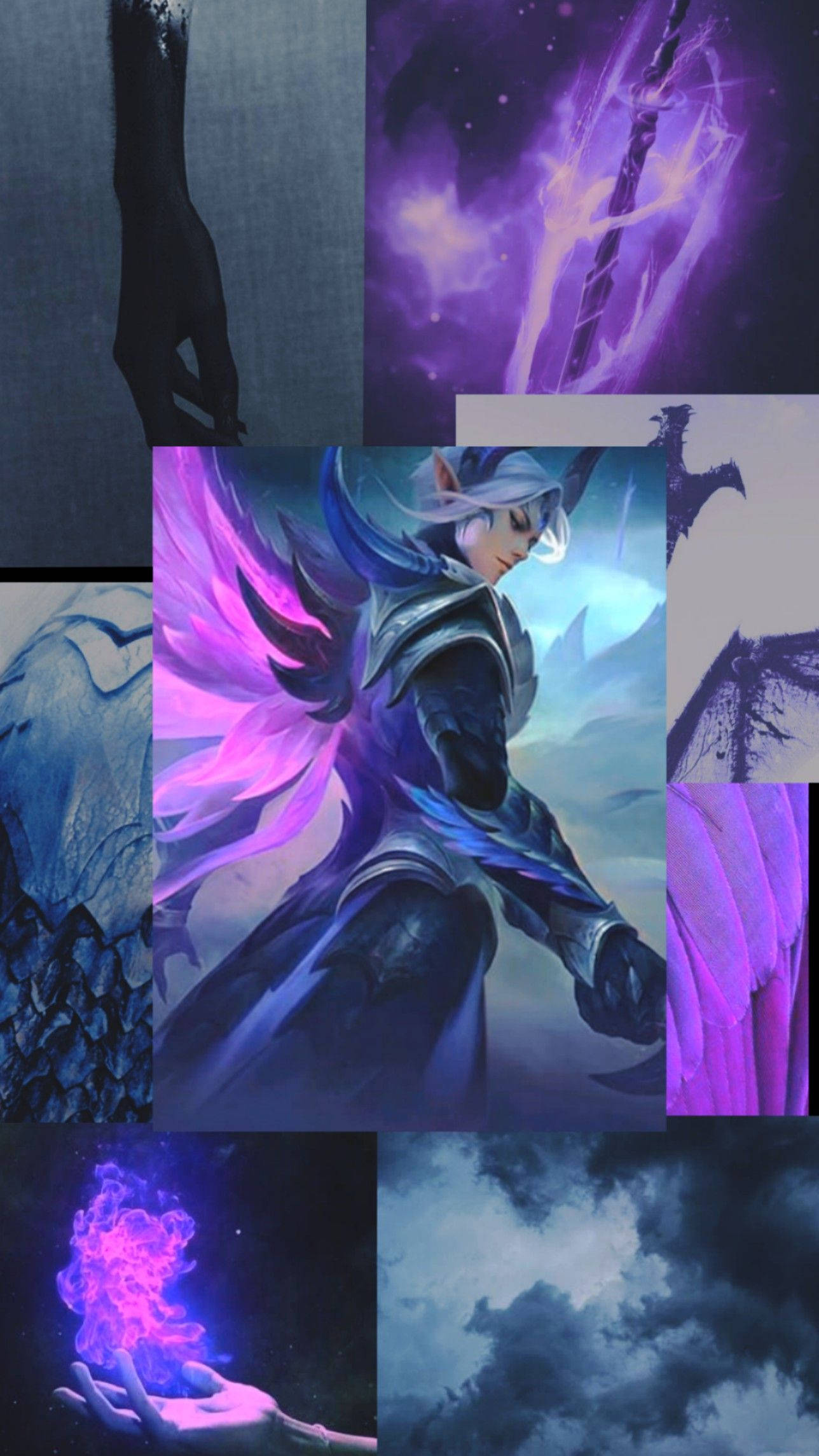 Ling 桌布 壁紙 — 一位擁有發光紫色翅膀和魔法劍的奇幻戰士，站在烏雲和神秘能量之中。