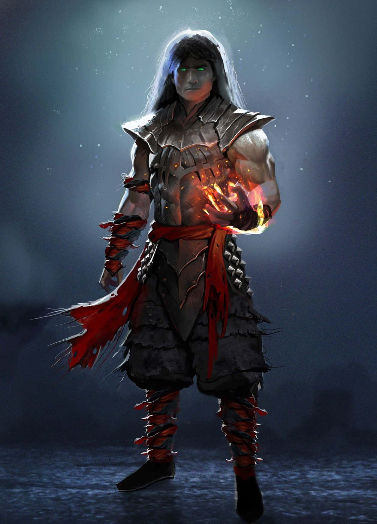 Mortal Kombat Liu Kang 桌布 壁紙 — 一位擁有發光綠色眼睛和火焰之手的戰士，站在黑暗迷霧的環境中，穿著華麗的盔甲和紅色點綴。