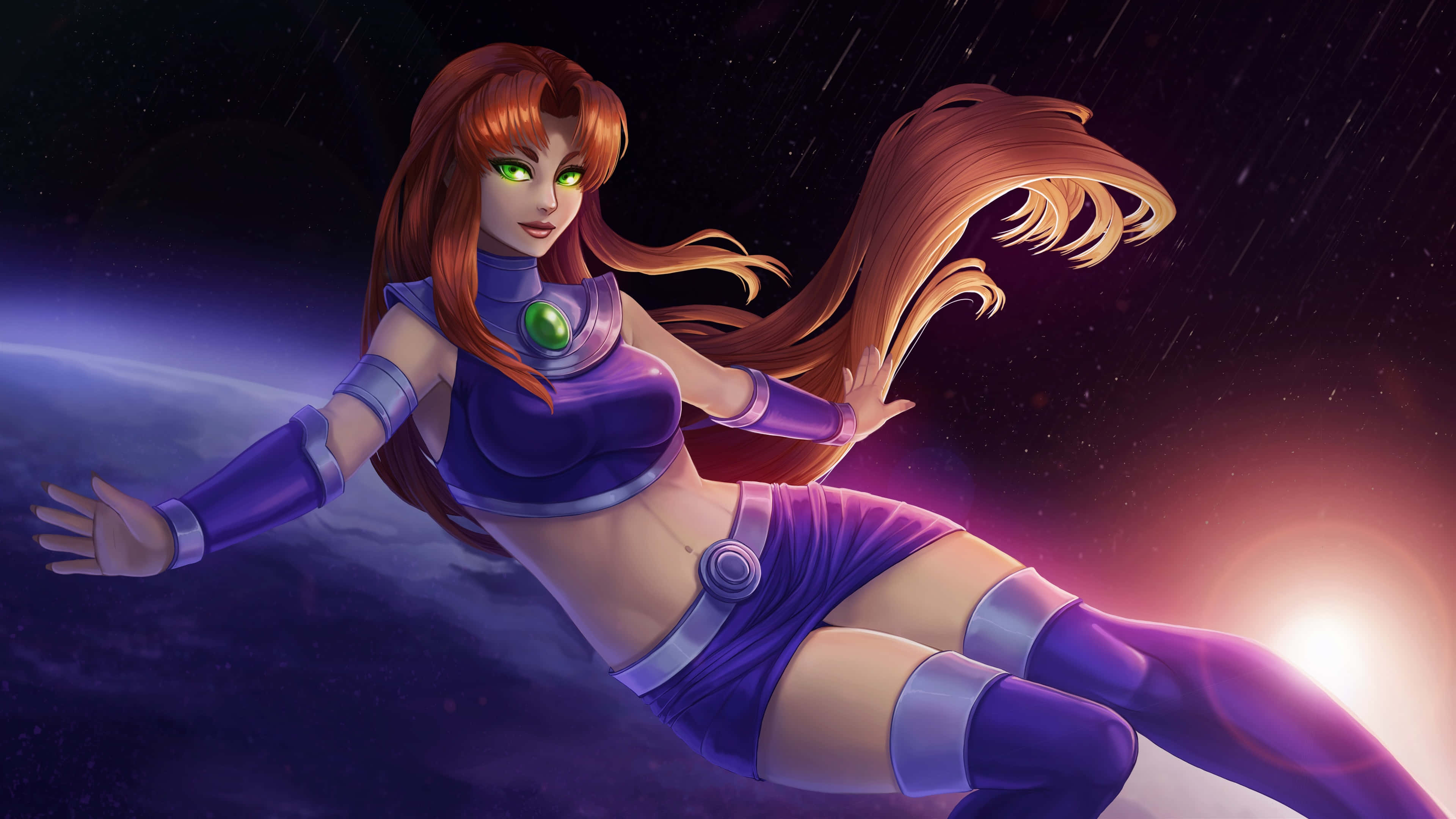 starfire 桌布 壁紙 — 一位擁有發光綠色眼睛和飄逸紅髮的女性超級英雄，穿著紫色裝甲服，優雅地漂浮在繁星點點的宇宙虛空中。