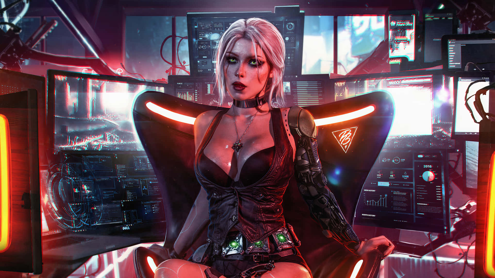 1080p Cyberpunk 2077 桌布 壁紙 — 一位擁有發光綠色眼睛的賽博龐克女性坐在一張高科技電競椅上，周圍環繞著顯示未來數據的霓虹燈顯示器。