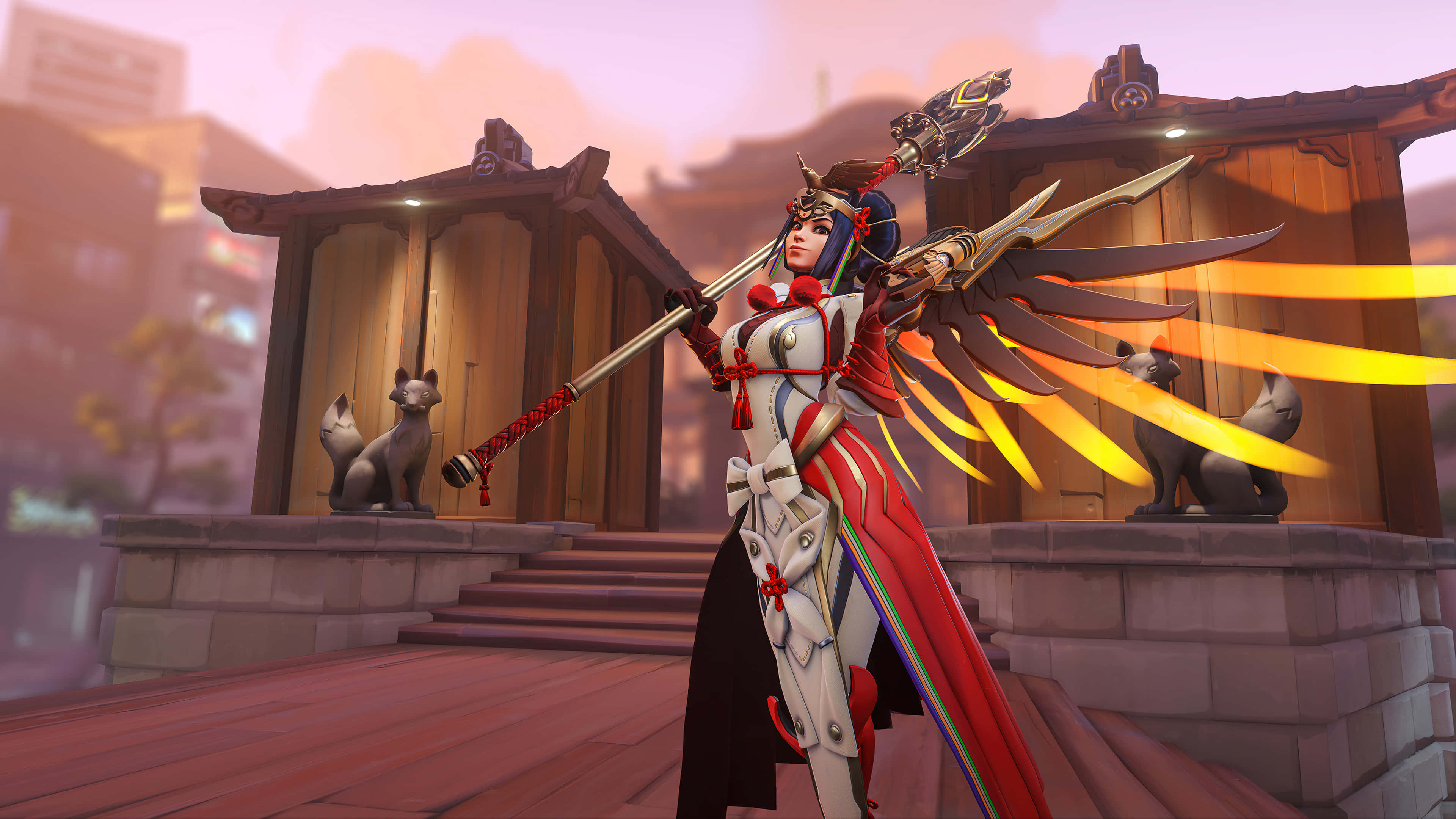 Overwatch Heroes 桌布 壁紙 — 一位擁有發光翅膀和法杖的戰士，在風格化的日本風格場景中，站在木製平台上，旁邊有狐狸雕像。
