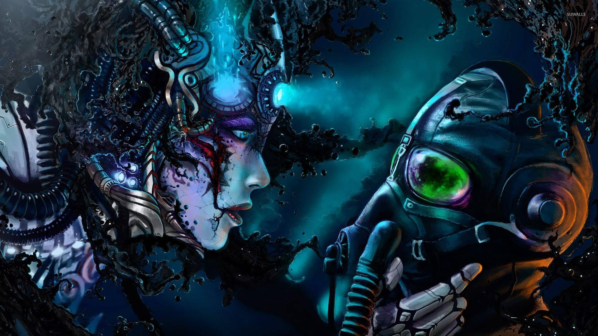 Cyber 桌布 壁紙 — 一位擁有發光藍眼睛和機械觸手的賽博格女性，在深藍綠色生物機械環境中面對一個戴著綠色護目鏡的面具人物。