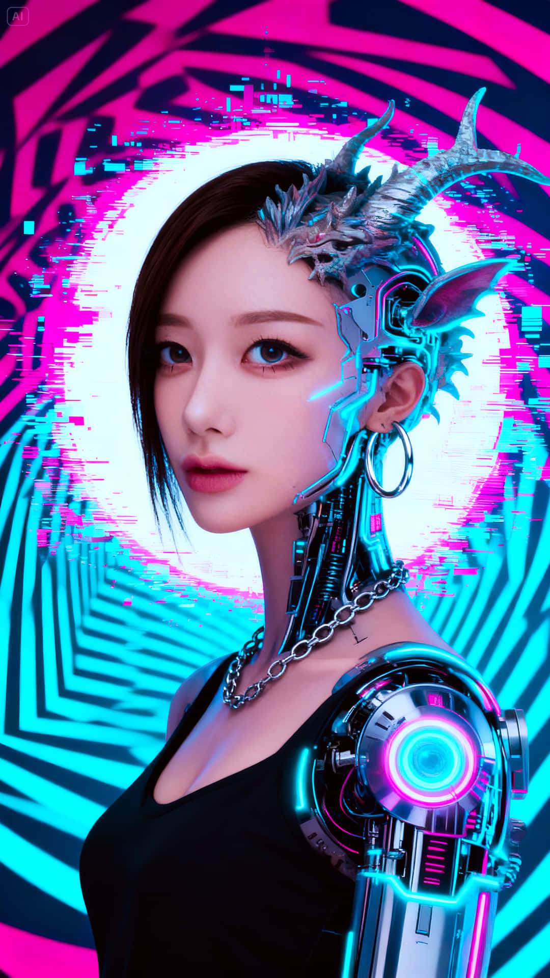 Cyberpunk Giselle of Aespa 壁紙 — 一位擁有發光藍眼睛和機械龍頭飾的賽博格女性，站在粉紅色和青色數位扭曲的霓虹隧道中。