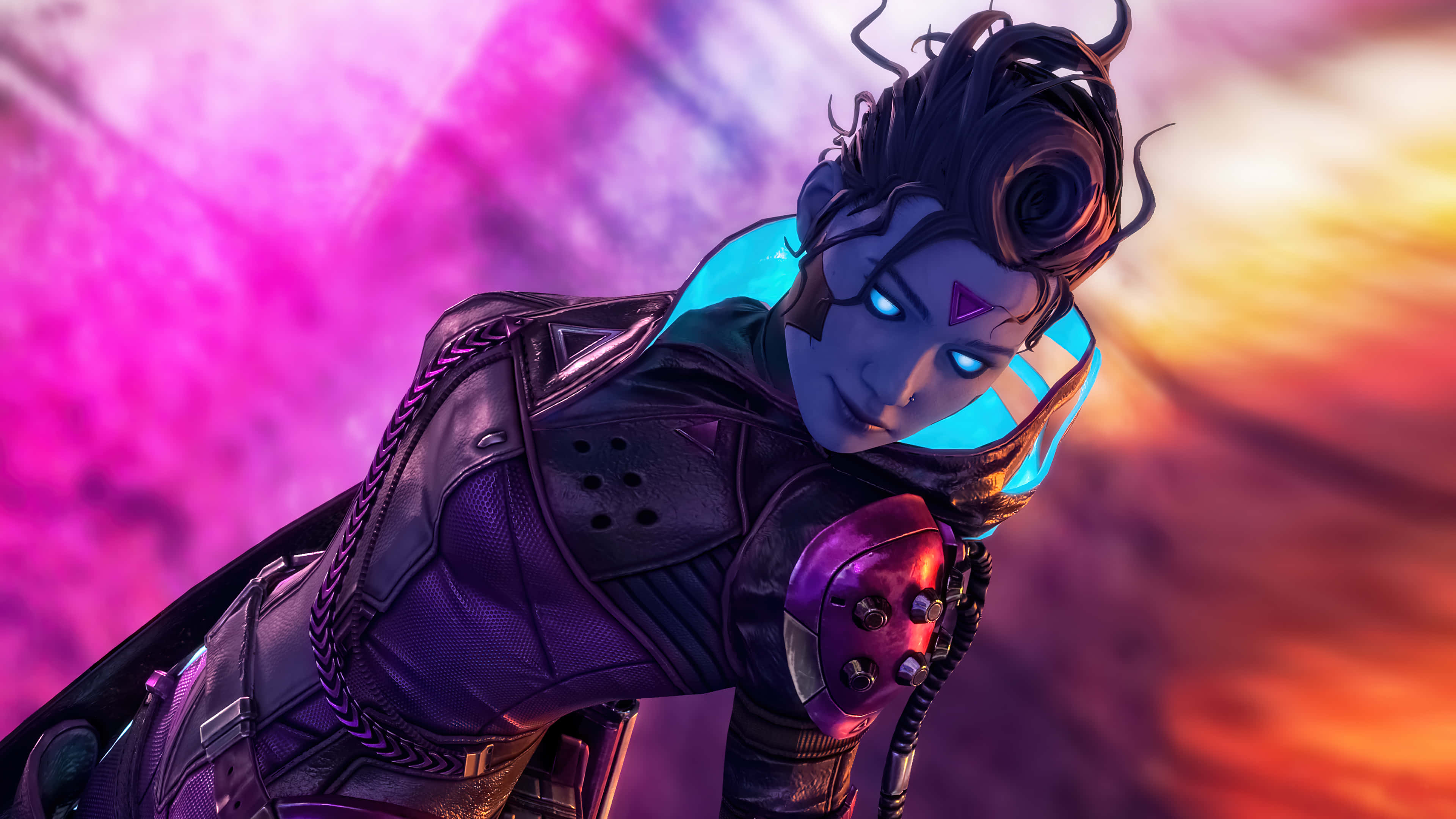 Apex Legends Characters 桌布 壁紙 — 一位擁有發光藍眼睛和紫色盔甲的賽博龐克戰士，在充滿活力的粉紅色和橙色宇宙背景下擺姿勢。