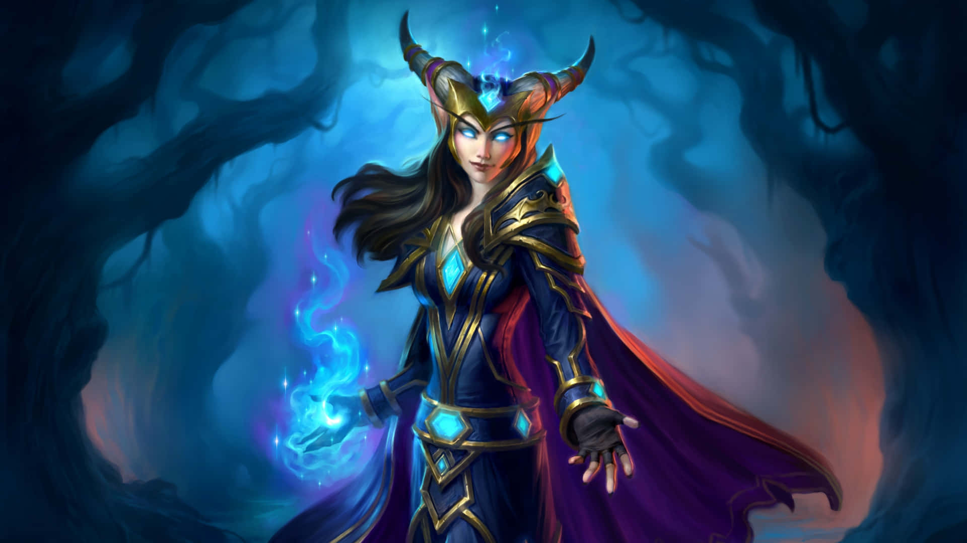 1920x1080 Hearthstone 桌布 壁紙 — 一位擁有發光藍眼睛和角盔的奇幻法師在黑暗旋轉的藍色隧道中引導神秘能量。