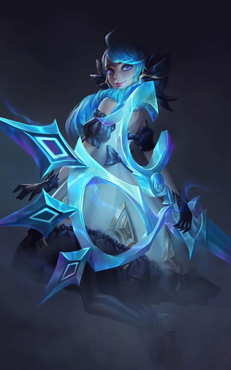 Android League Of Legends 桌布 壁紙 — 一位擁有發光藍色頭髮和水晶盔甲的奇幻戰士，在黑暗霧氣繚繞的背景中蓄勢待發。