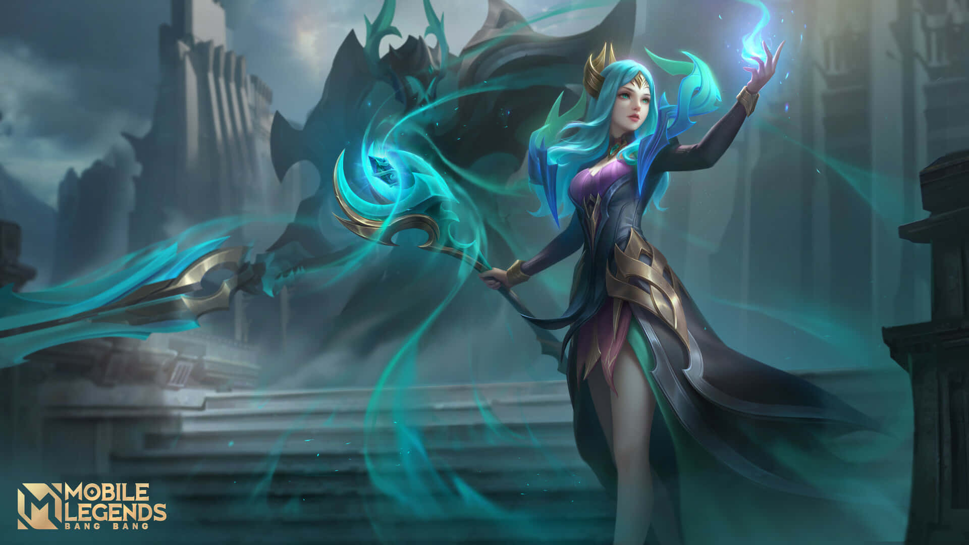 Mobile Legends 動態圖 桌布 壁紙 — 一位擁有發光藍色頭髮和魔法杖的奇幻法師站在廢墟城市景觀中，施展旋轉的青色法術。