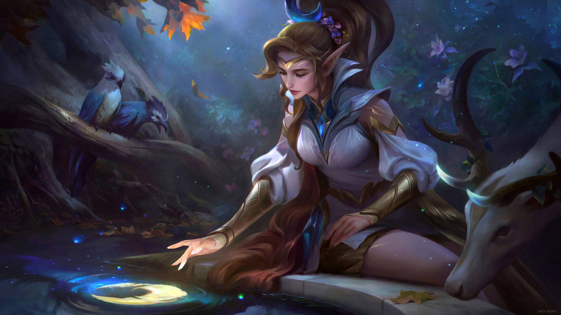 heroes 桌布 壁紙 — 一位擁有發光藍色頭髮的精靈女性坐在暮色森林中的神秘水池旁，輕輕觸碰映照著滿月的水面。
